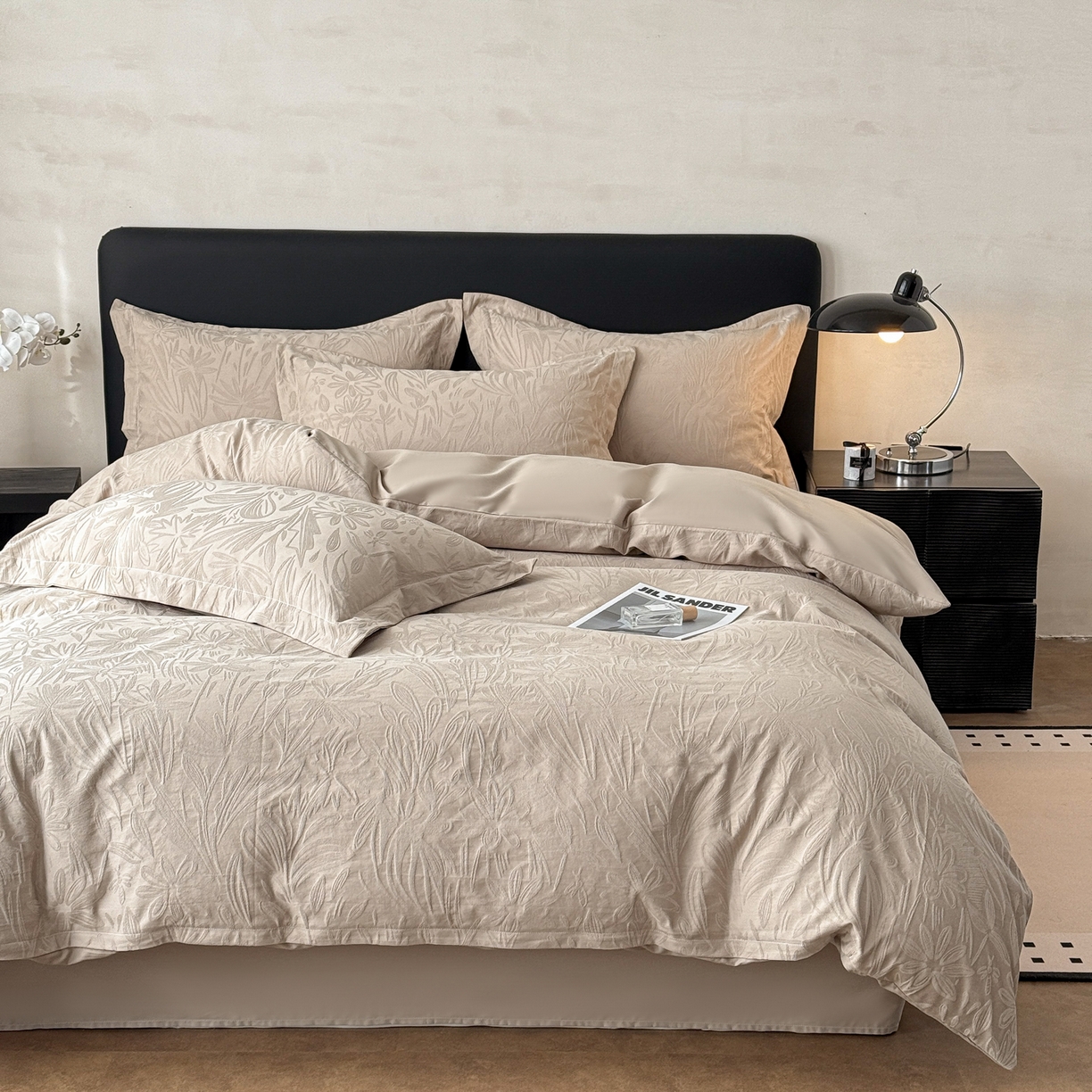 91家纺网 家纺一手货源 找家纺 慕尚家纺 2026新款A类60支长绒棉纯棉提花贡缎大提花光泽绸缎感四件套 马玲草卡其