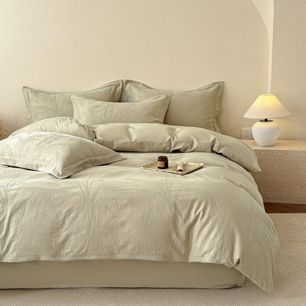 91家纺网 家纺一手货源 找家纺 慕尚家纺 2026新款A类60支长绒棉纯棉提花贡缎大提花光泽绸缎感四件套 树叶绿