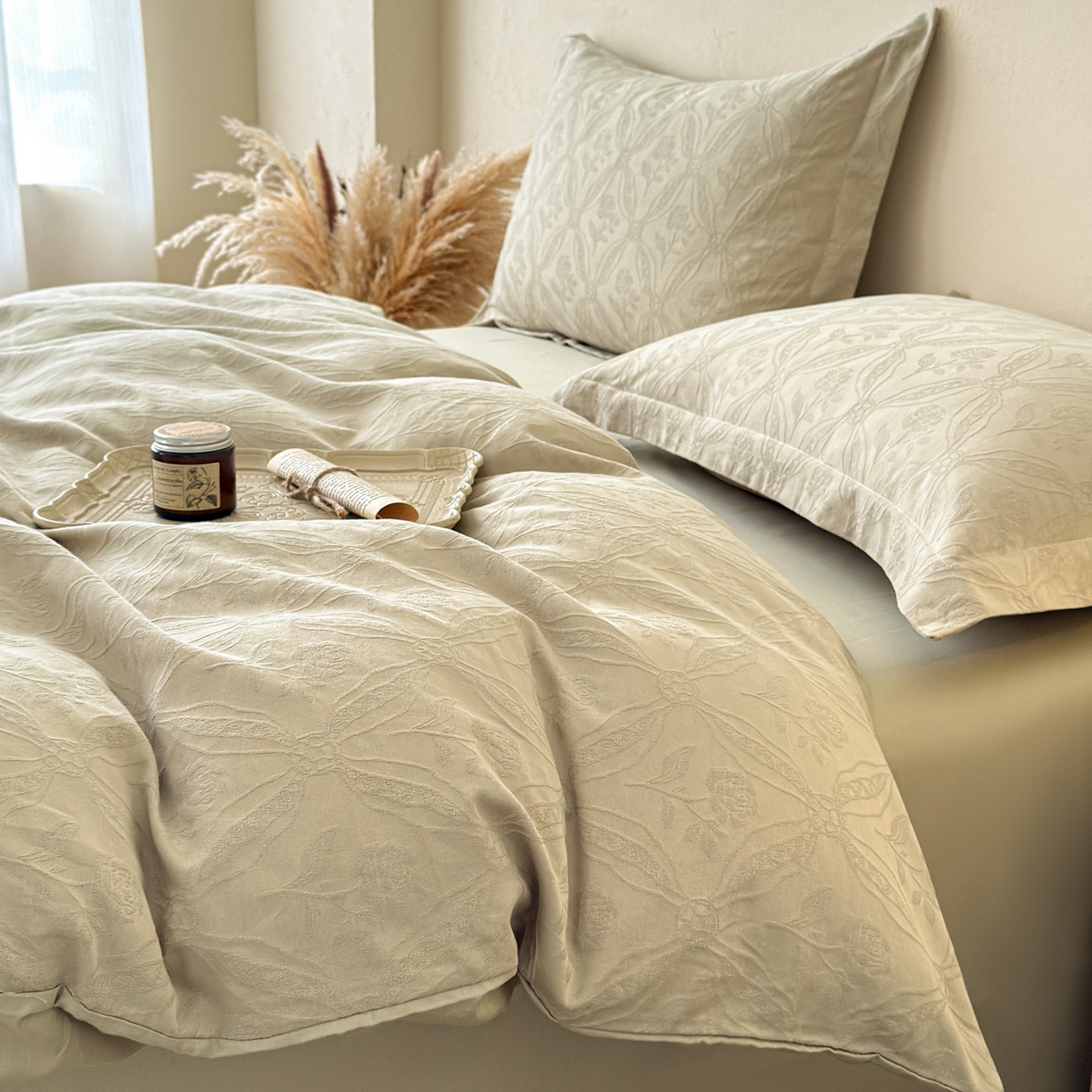 91家纺网 家纺一手货源 找家纺 慕尚家纺 2026新款A类60支长绒棉纯棉提花贡缎大提花光泽绸缎感四件套 玫瑰花绿