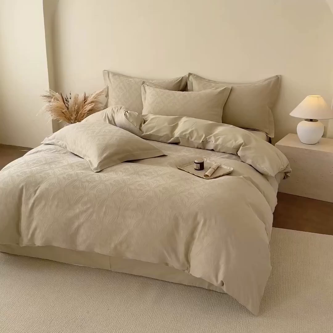 91家纺网 家纺一手货源 找家纺 慕尚家纺 2026新款A类60支长绒棉纯棉提花贡缎大提花光泽绸缎感四件套 玫瑰花绿