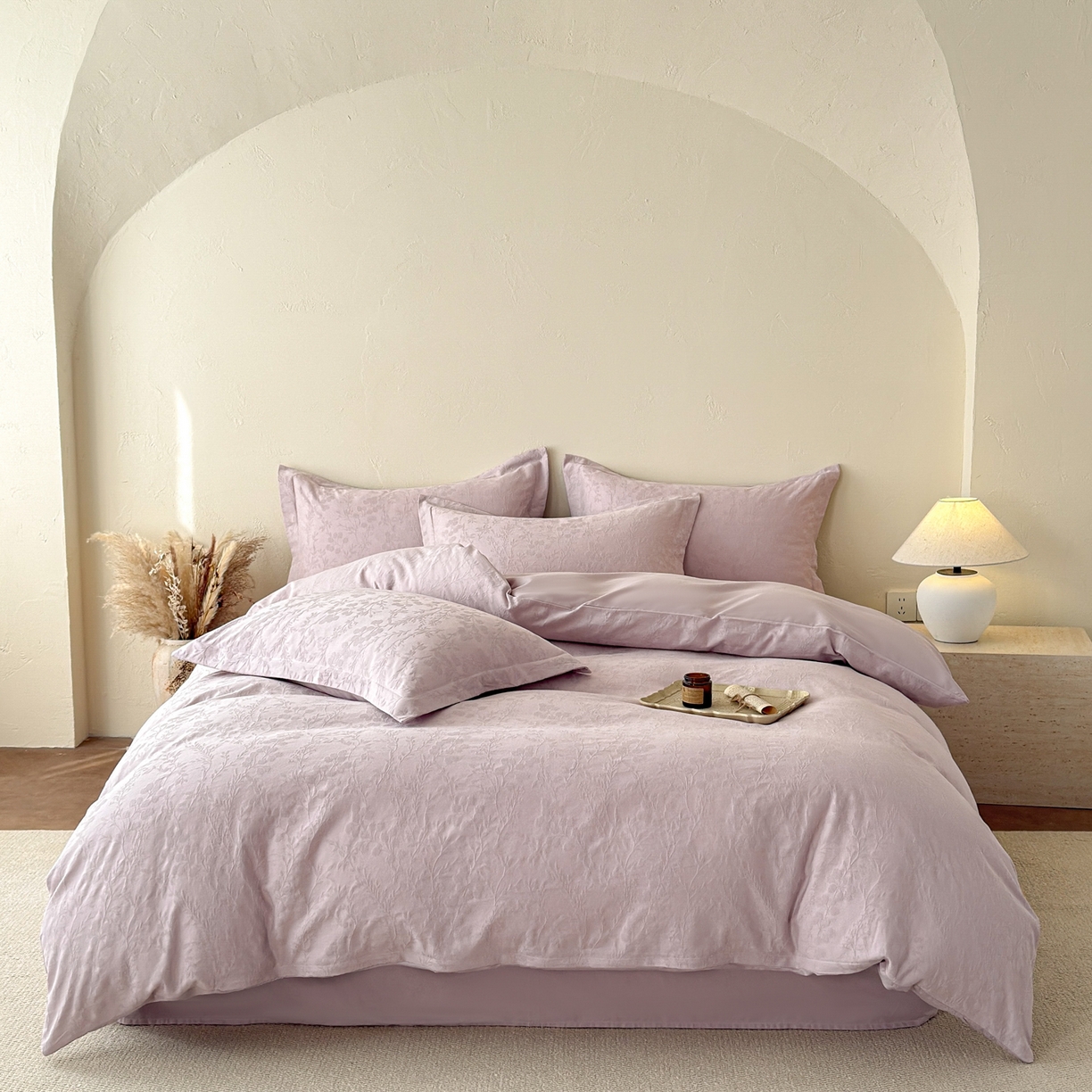 91家纺网 家纺一手货源 找家纺 慕尚家纺 2026新款A类60支长绒棉纯棉提花贡缎大提花光泽绸缎感四件套 香草紫