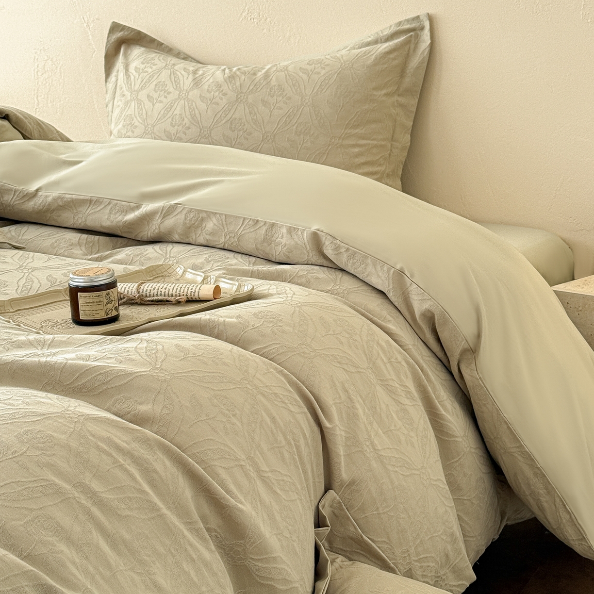 91家纺网 家纺一手货源 找家纺 慕尚家纺 2026新款A类60支长绒棉纯棉提花贡缎大提花光泽绸缎感四件套 玫瑰花绿