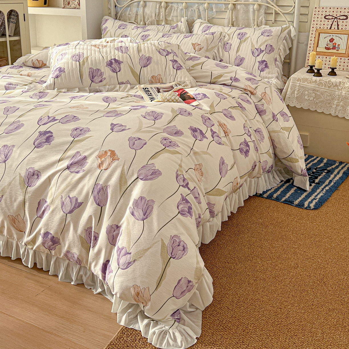 91家纺网 家纺一手货源 找家纺 提花大世界 2026新款冰肤纱法式花边凉感夏被夏凉被空调被被套凉席三件套床盖夹棉四件套 紫雾郁金香