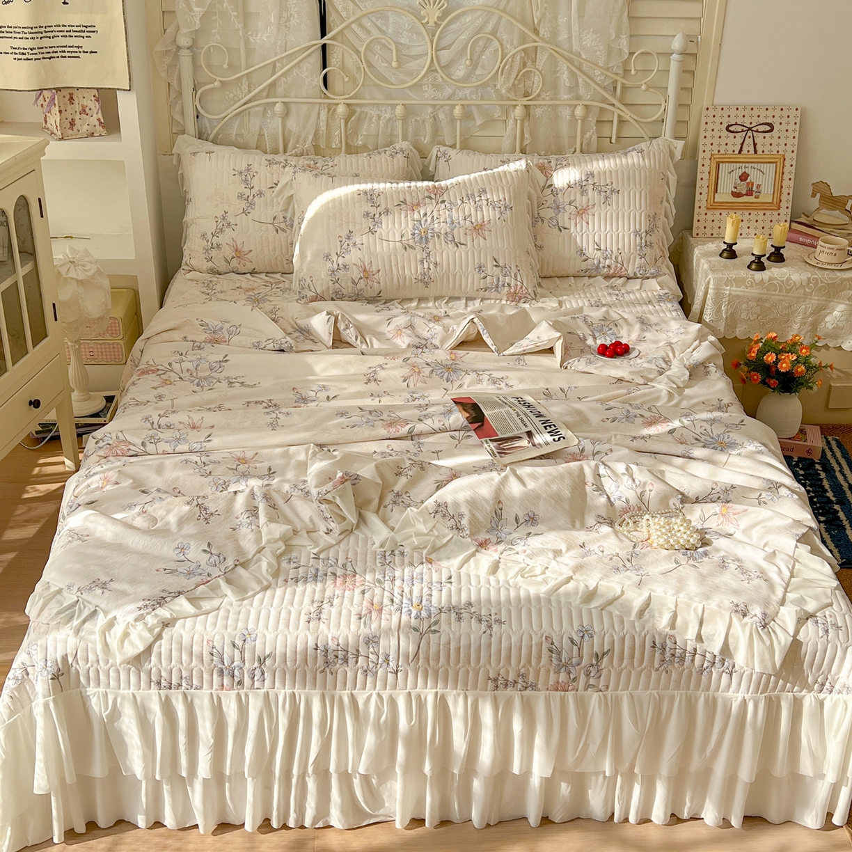 91家纺网 家纺一手货源 找家纺 提花大世界 2026新款冰肤纱法式花边凉感夏被夏凉被空调被被套凉席三件套床盖夹棉四件套 浅夏星花