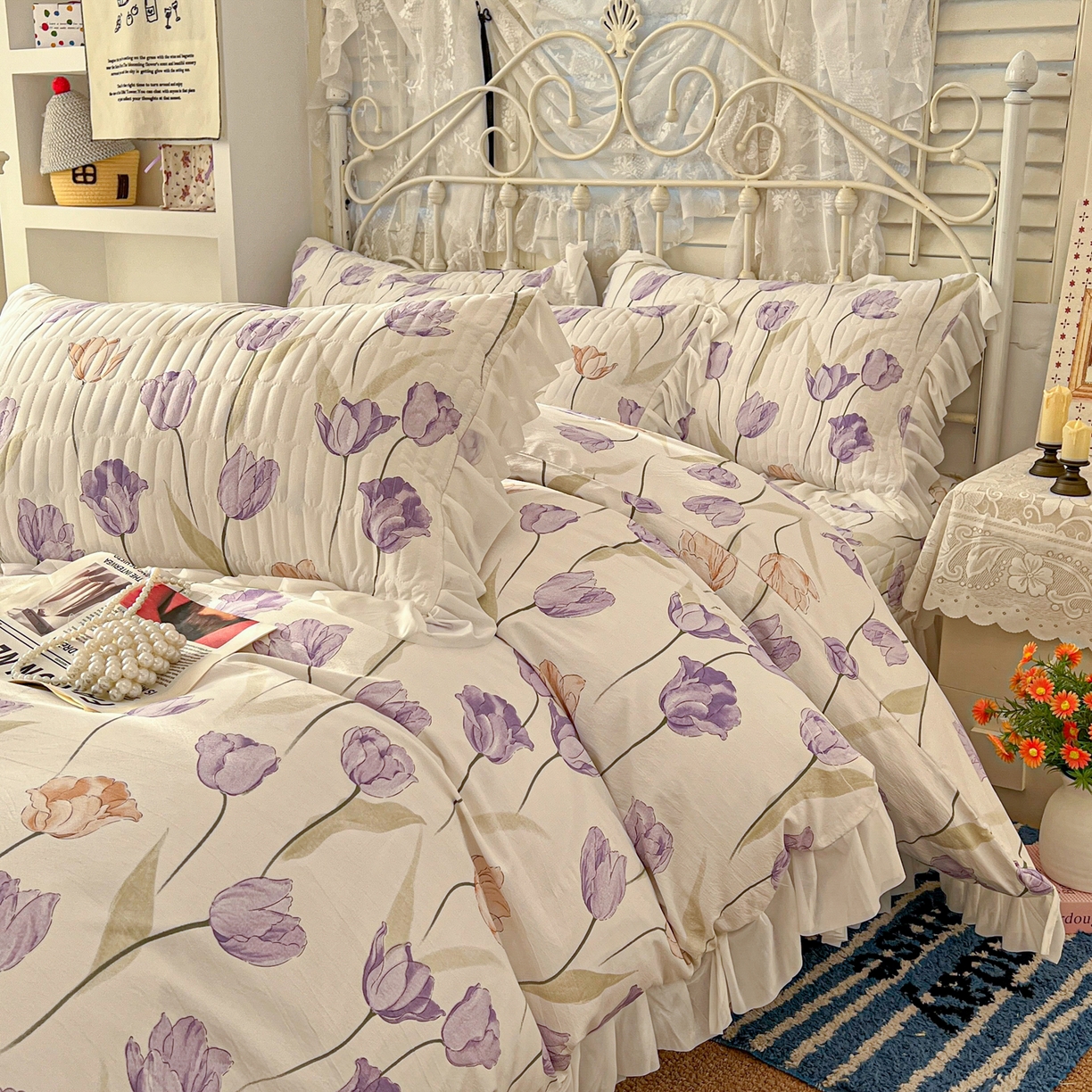 91家纺网 家纺一手货源 找家纺 提花大世界 2026新款冰肤纱法式花边凉感夏被夏凉被空调被被套凉席三件套床盖夹棉四件套 紫雾郁金香