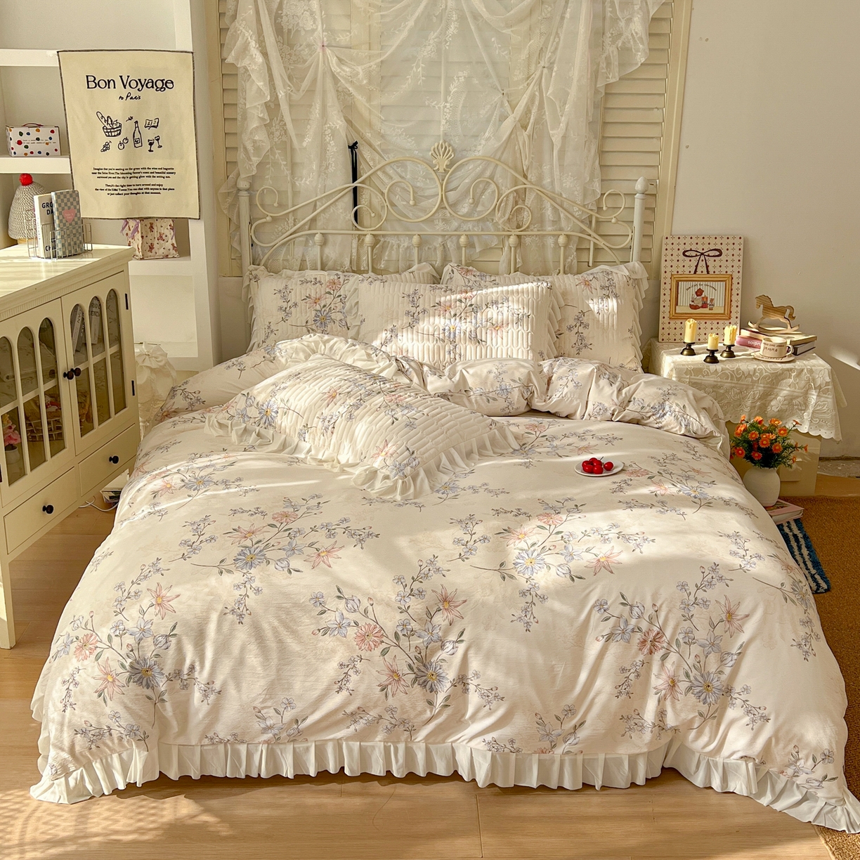 91家纺网 家纺一手货源 找家纺 提花大世界 2026新款冰肤纱法式花边凉感夏被夏凉被空调被被套凉席三件套床盖夹棉四件套 浅夏星花