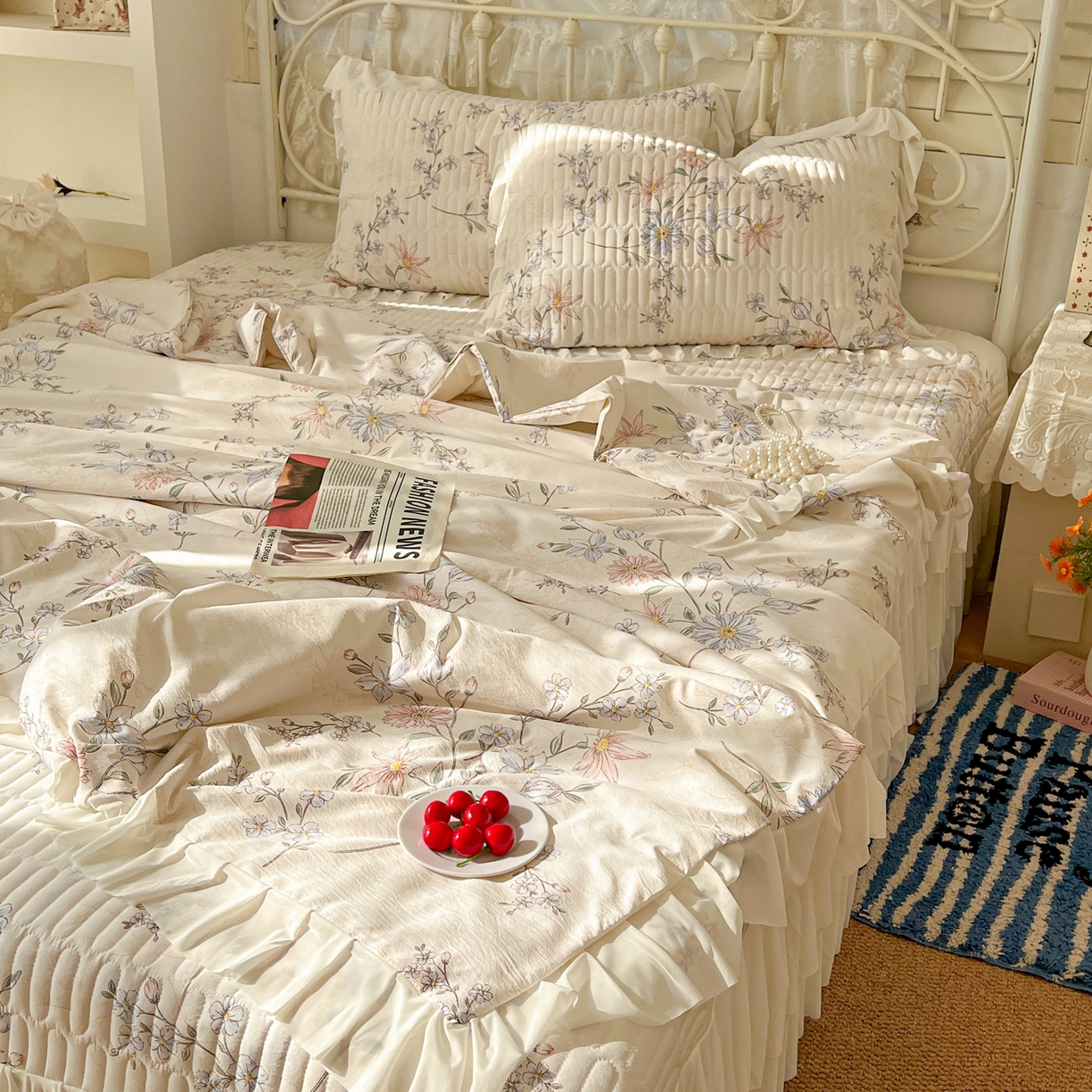 91家纺网 家纺一手货源 找家纺 提花大世界 2026新款冰肤纱法式花边凉感夏被夏凉被空调被被套凉席三件套床盖夹棉四件套 浅夏星花