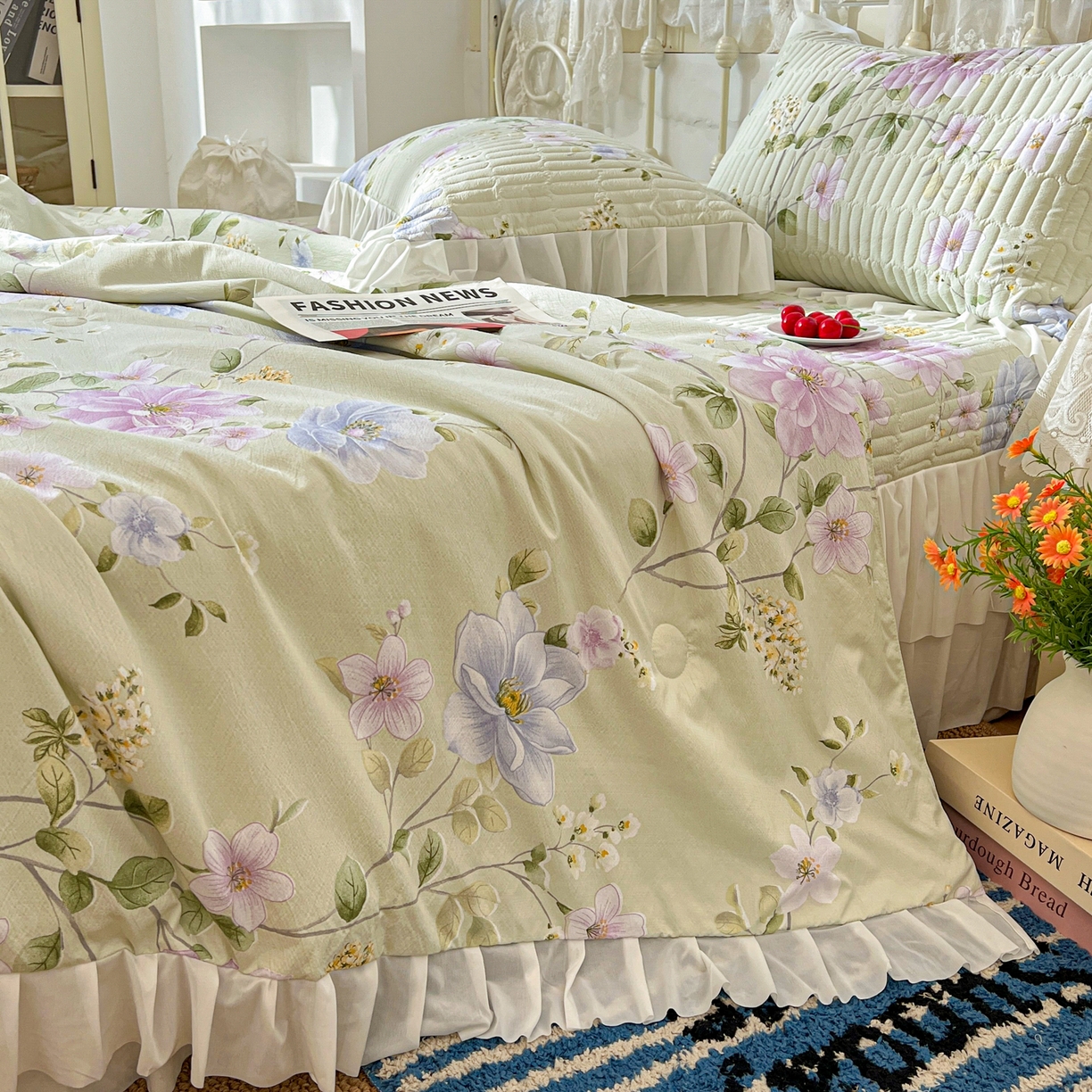 91家纺网 家纺一手货源 找家纺 提花大世界 2026新款冰肤纱法式花边凉感夏被夏凉被空调被被套凉席三件套床盖夹棉四件套 紫雾青藤