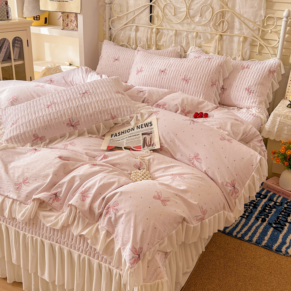 91家纺网 家纺一手货源 找家纺 提花大世界 2026新款冰肤纱法式花边凉感夏被夏凉被空调被被套凉席三件套床盖夹棉四件套 轻粉结意