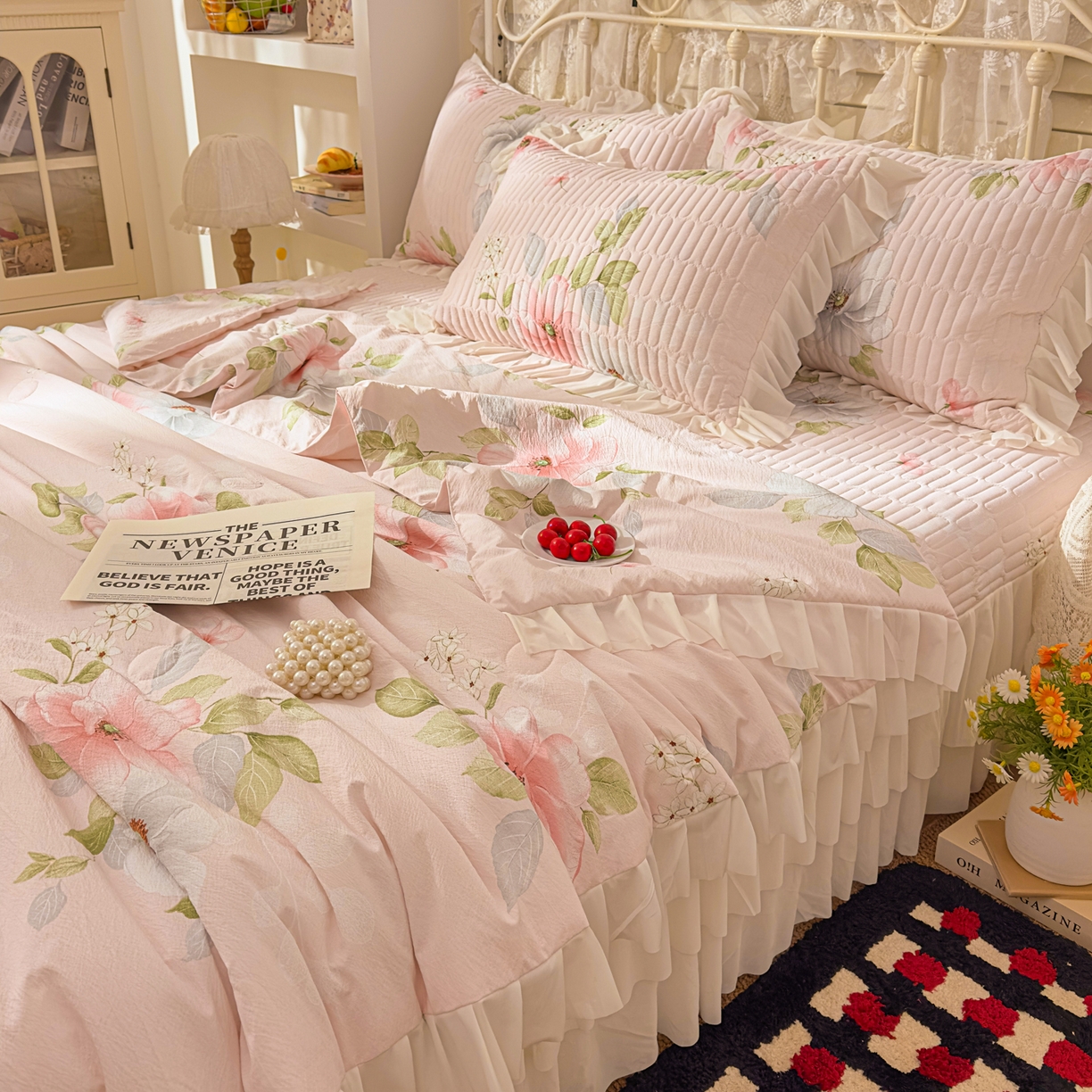 91家纺网 家纺一手货源 找家纺 提花大世界 2026新款冰肤纱法式花边凉感夏被夏凉被空调被被套凉席三件套床盖夹棉四件套 春日桃李