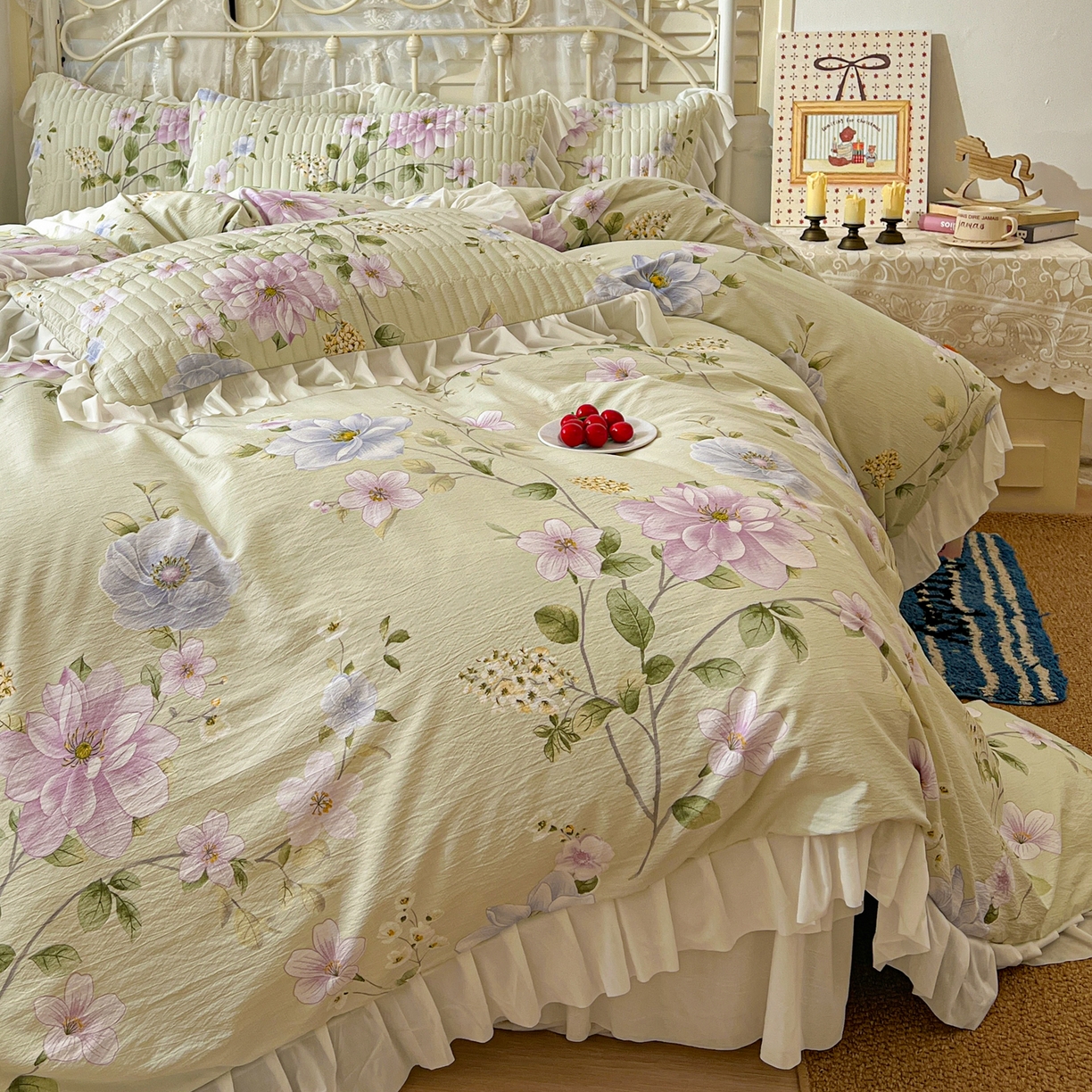 提花大世界 2026新款冰肤纱法式花边凉感夏被夏凉被空调被被套凉席三件套床盖夹棉四件套 紫雾青藤