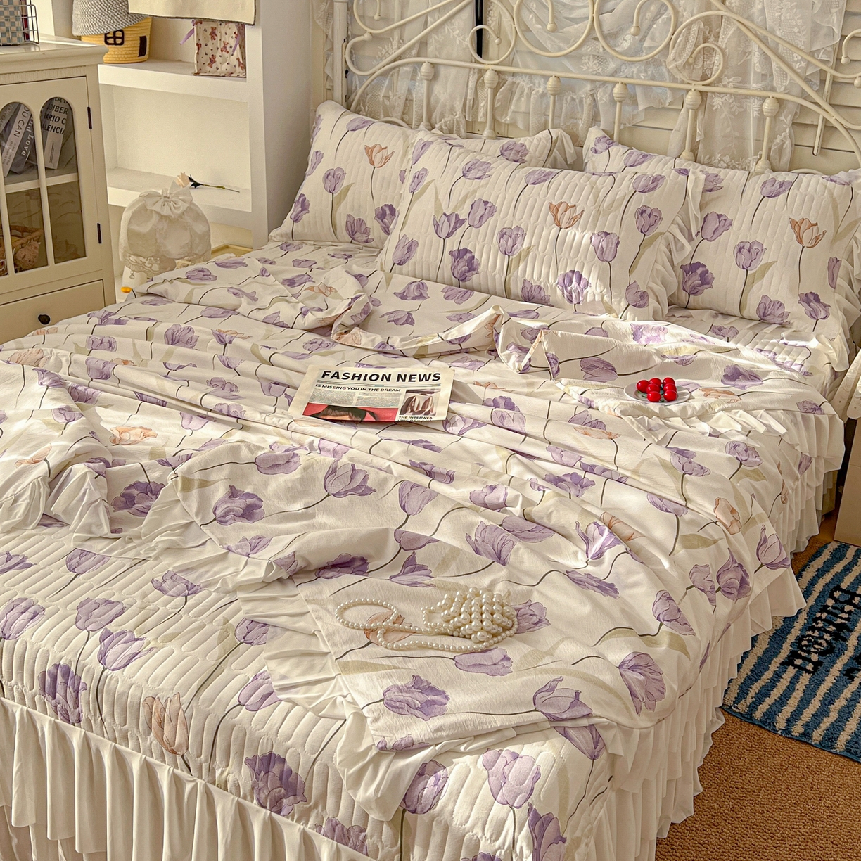 91家纺网 家纺一手货源 找家纺 提花大世界 2026新款冰肤纱法式花边凉感夏被夏凉被空调被被套凉席三件套床盖夹棉四件套 紫雾郁金香