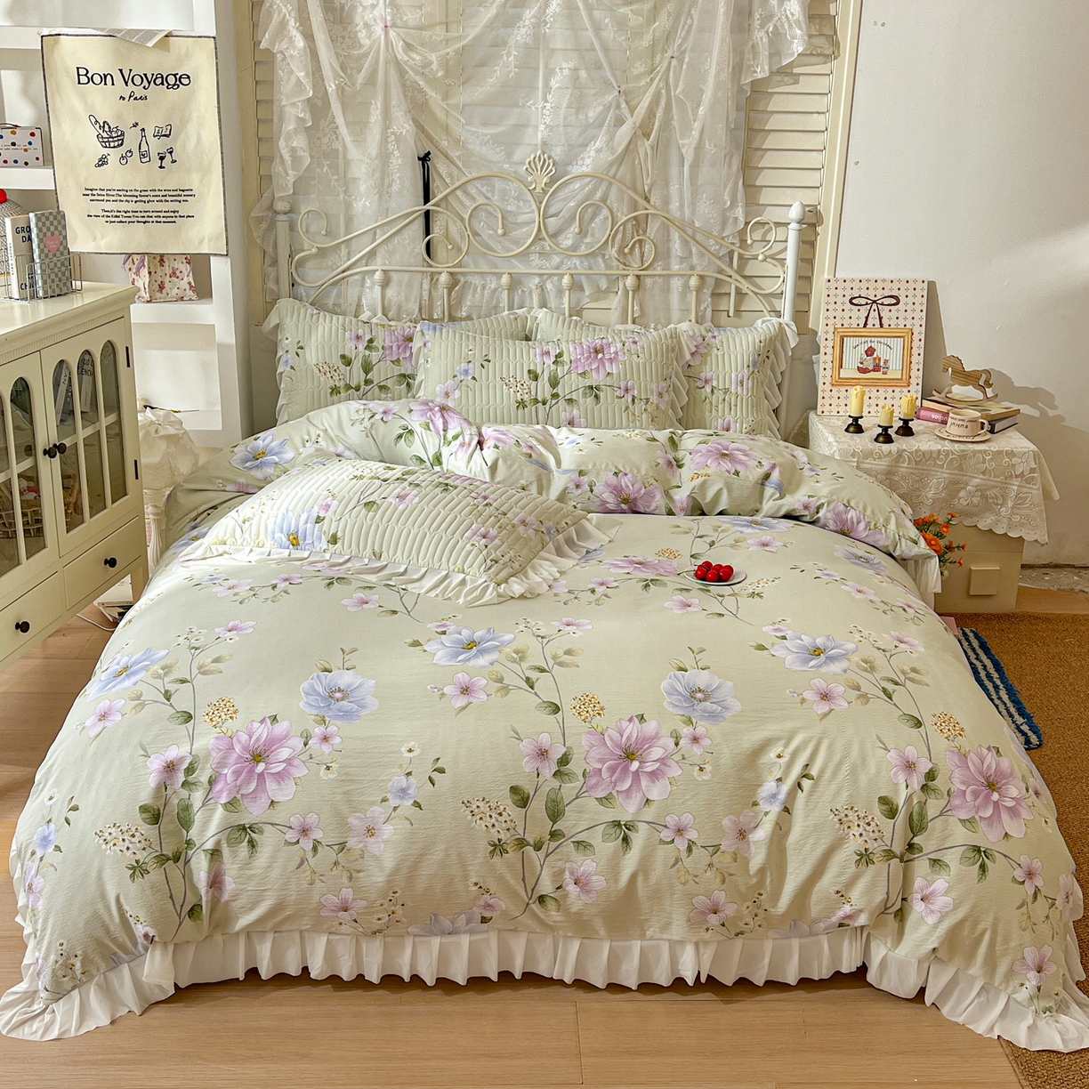 91家纺网 家纺一手货源 找家纺 提花大世界 2026新款冰肤纱法式花边凉感夏被夏凉被空调被被套凉席三件套床盖夹棉四件套 紫雾青藤