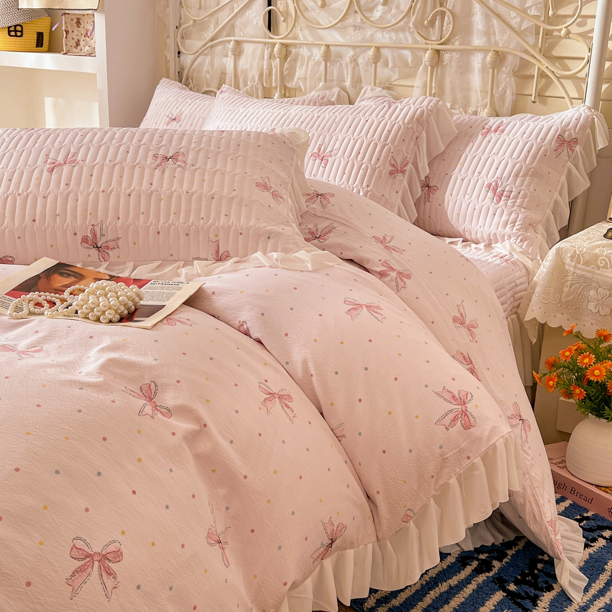 91家纺网 家纺一手货源 找家纺 提花大世界 2026新款冰肤纱法式花边凉感夏被夏凉被空调被被套凉席三件套床盖夹棉四件套 轻粉结意