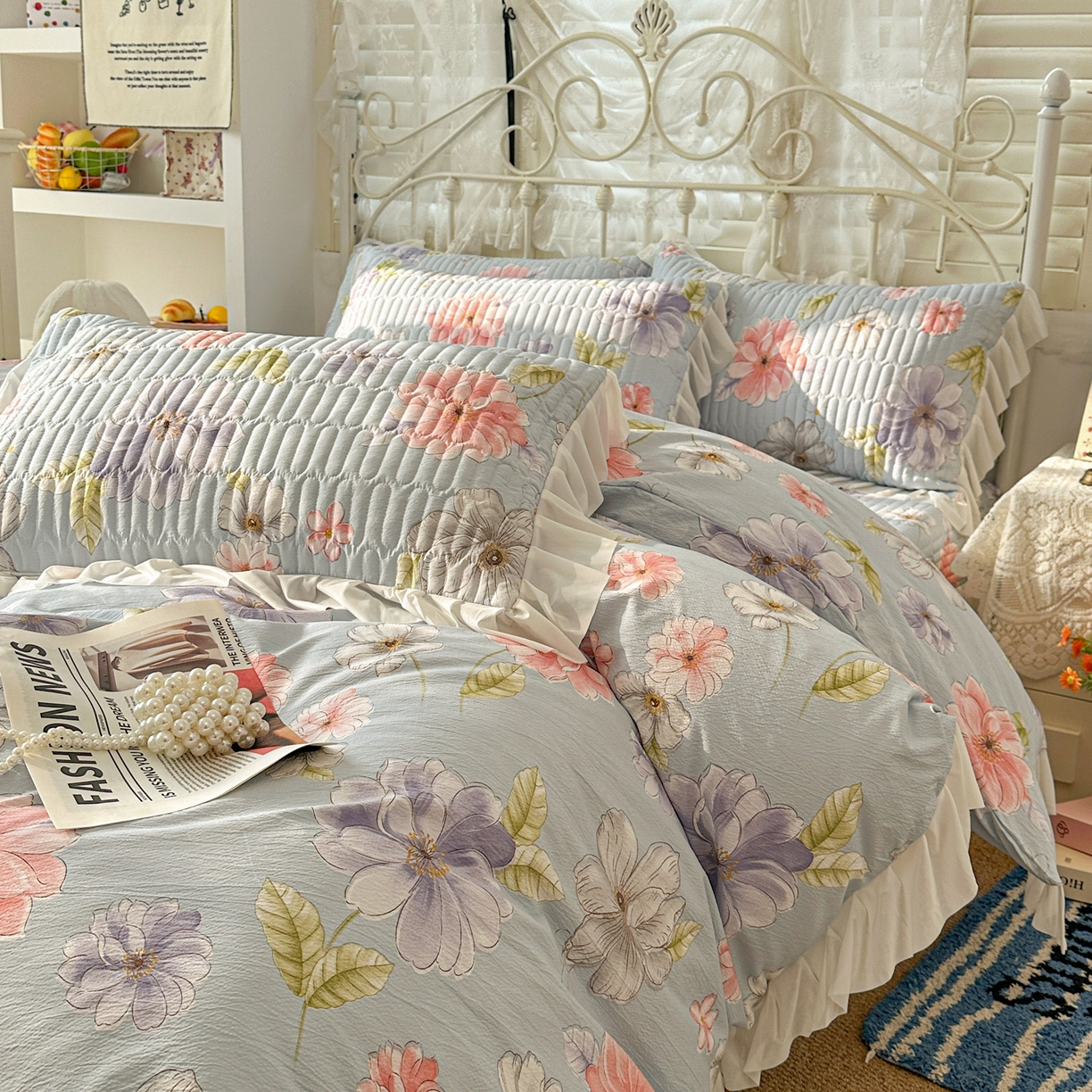 91家纺网 家纺一手货源 找家纺 提花大世界 2026新款冰肤纱法式花边凉感夏被夏凉被空调被被套凉席三件套床盖夹棉四件套 海盐花簇