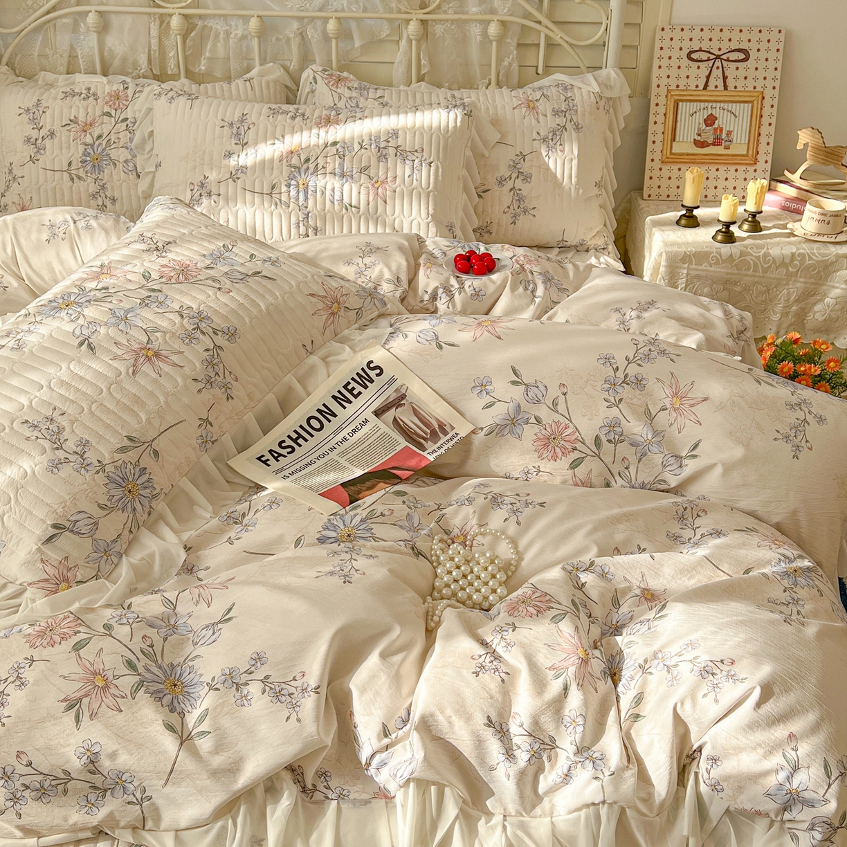 91家纺网 家纺一手货源 找家纺 提花大世界 2026新款冰肤纱法式花边凉感夏被夏凉被空调被被套凉席三件套床盖夹棉四件套 浅夏星花