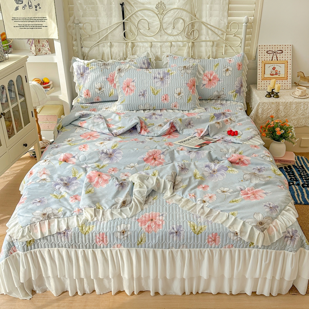 91家纺网 家纺一手货源 找家纺 提花大世界 2026新款冰肤纱法式花边凉感夏被夏凉被空调被被套凉席三件套床盖夹棉四件套 海盐花簇