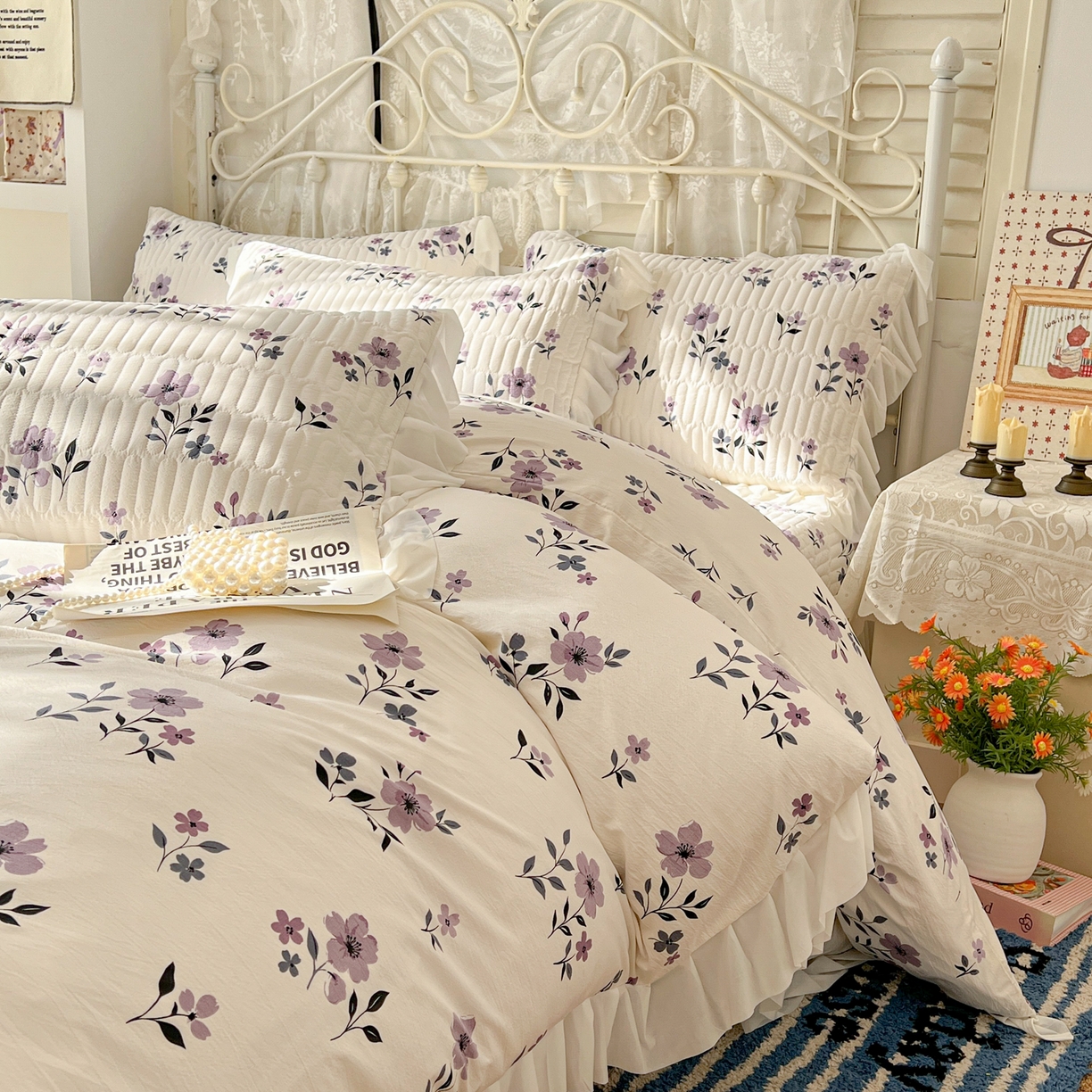 91家纺网 家纺一手货源 找家纺 提花大世界 2026新款冰肤纱法式花边凉感夏被夏凉被空调被被套凉席三件套床盖夹棉四件套 云间紫莓