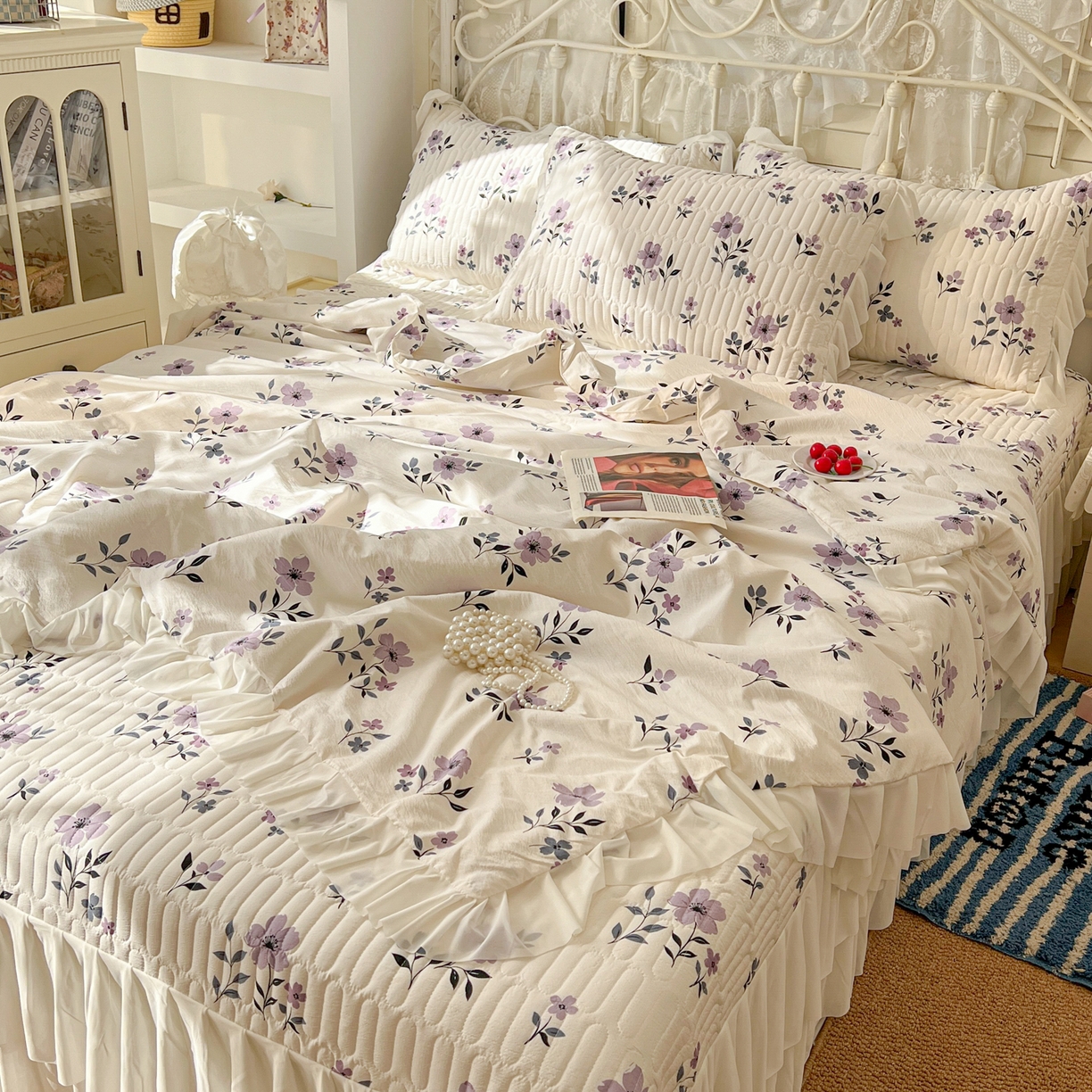 91家纺网 家纺一手货源 找家纺 提花大世界 2026新款冰肤纱法式花边凉感夏被夏凉被空调被被套凉席三件套床盖夹棉四件套 云间紫莓