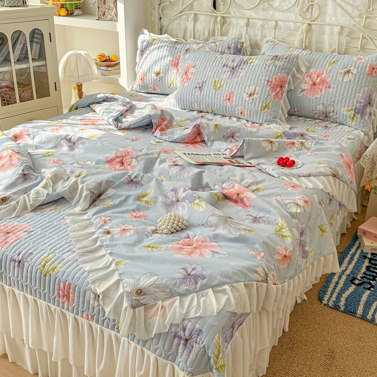 91家纺网 家纺一手货源 找家纺 提花大世界 2026新款冰肤纱法式花边凉感夏被夏凉被空调被被套凉席三件套床盖夹棉四件套 海盐花簇