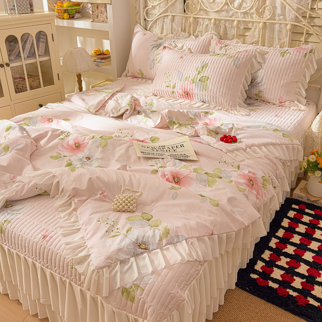 91家纺网 家纺一手货源 找家纺 提花大世界 2026新款冰肤纱法式花边凉感夏被夏凉被空调被被套凉席三件套床盖夹棉四件套 春日桃李