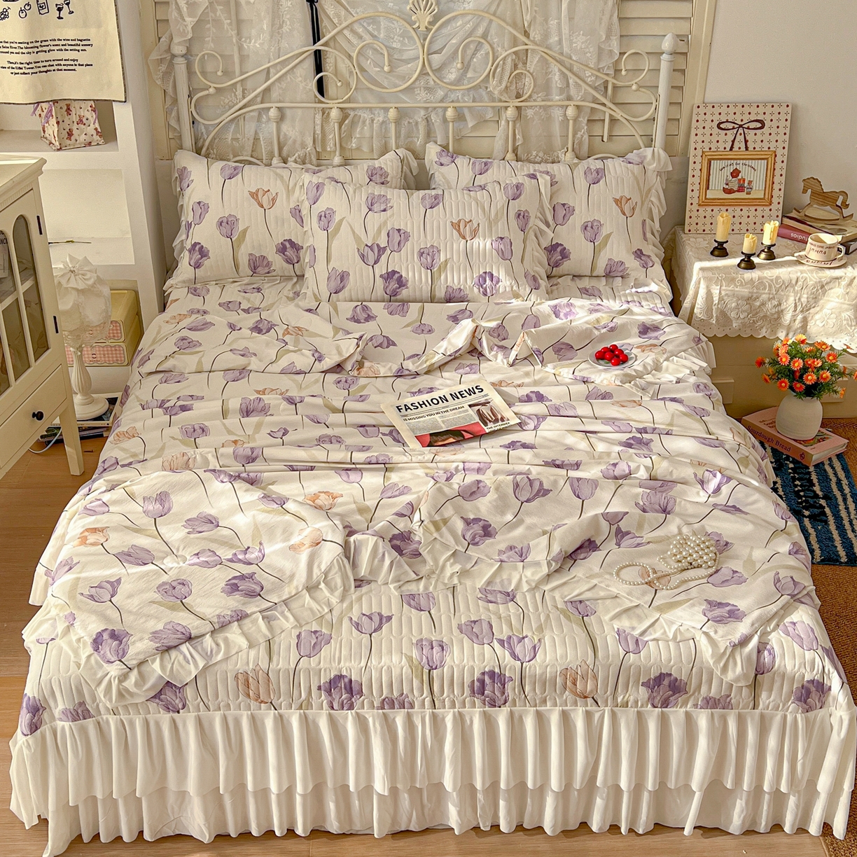 91家纺网 家纺一手货源 找家纺 提花大世界 2026新款冰肤纱法式花边凉感夏被夏凉被空调被被套凉席三件套床盖夹棉四件套 紫雾郁金香