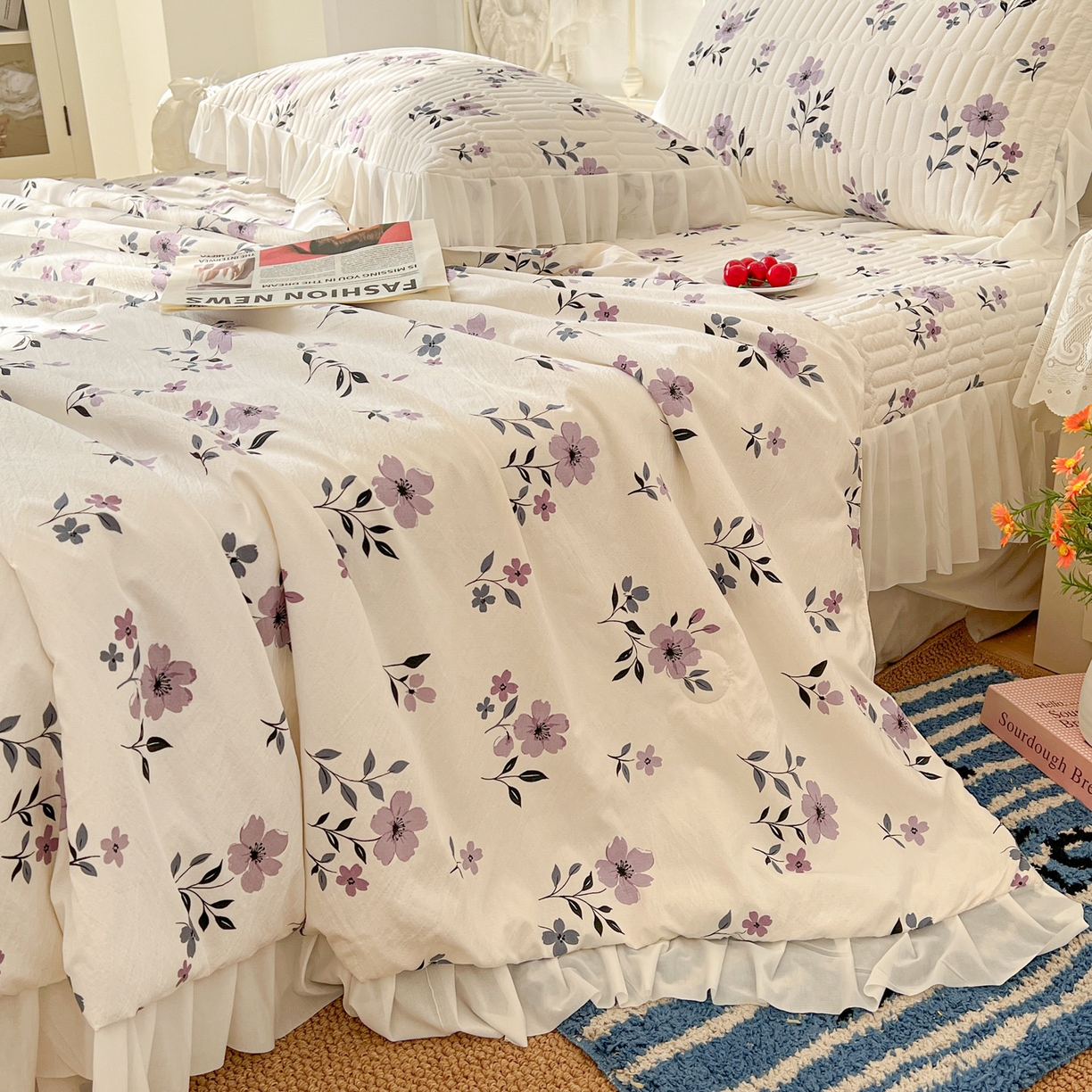 91家纺网 家纺一手货源 找家纺 提花大世界 2026新款冰肤纱法式花边凉感夏被夏凉被空调被被套凉席三件套床盖夹棉四件套 云间紫莓