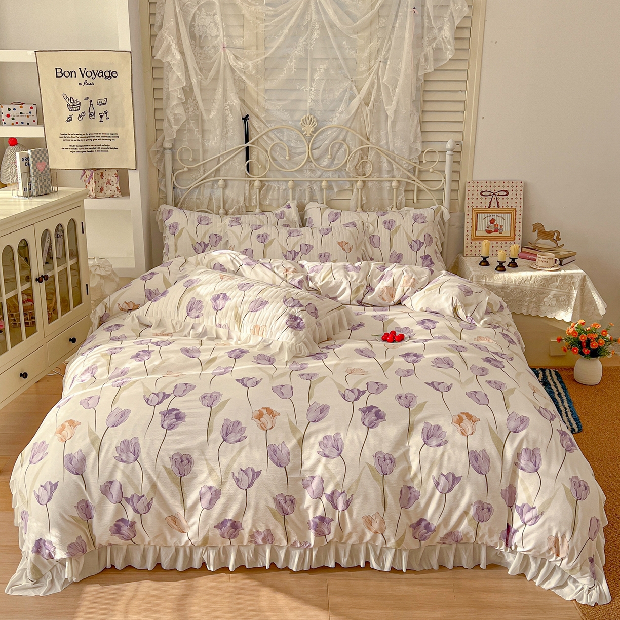 91家纺网 家纺一手货源 找家纺 提花大世界 2026新款冰肤纱法式花边凉感夏被夏凉被空调被被套凉席三件套床盖夹棉四件套 紫雾郁金香