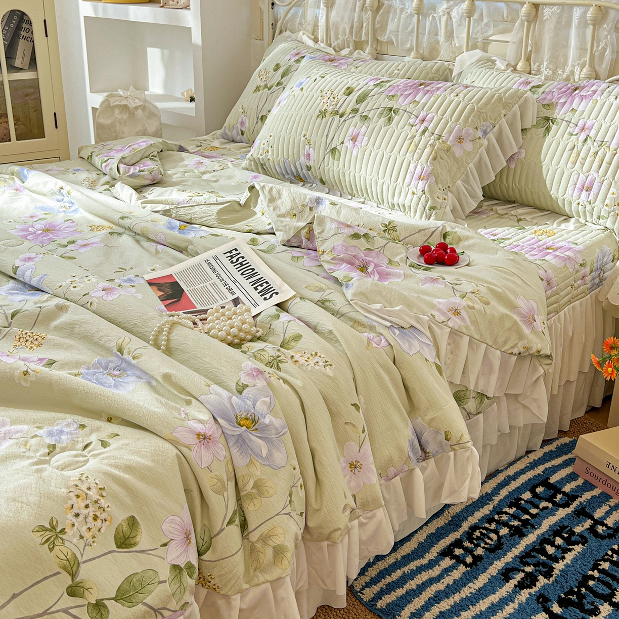 91家纺网 家纺一手货源 找家纺 提花大世界 2026新款冰肤纱法式花边凉感夏被夏凉被空调被被套凉席三件套床盖夹棉四件套 紫雾青藤