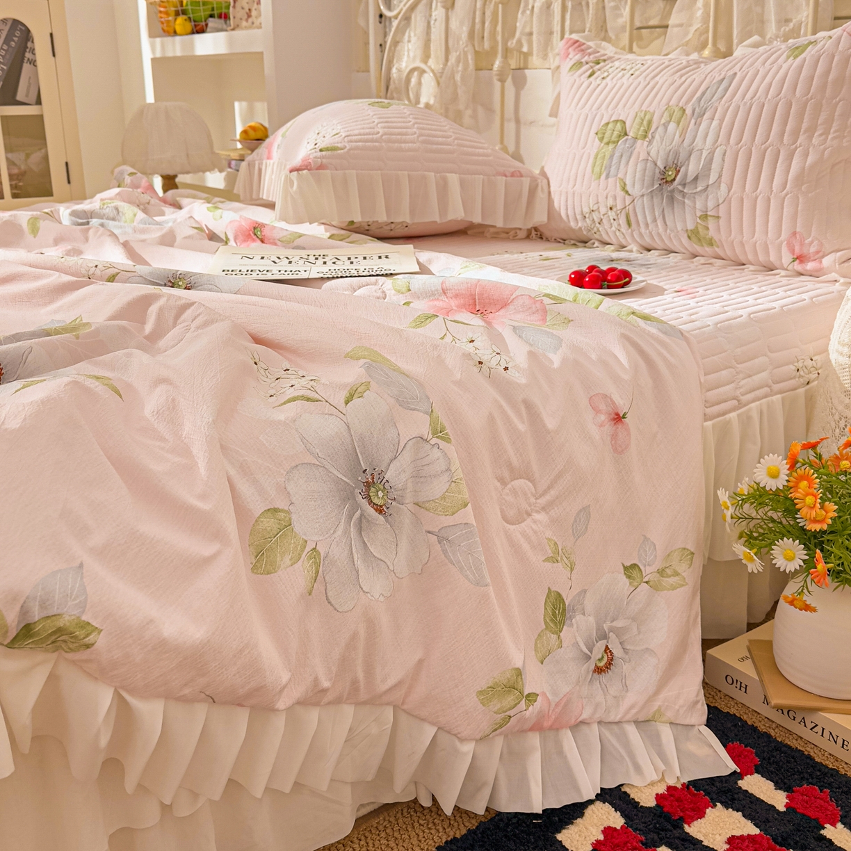 91家纺网 家纺一手货源 找家纺 提花大世界 2026新款冰肤纱法式花边凉感夏被夏凉被空调被被套凉席三件套床盖夹棉四件套 春日桃李