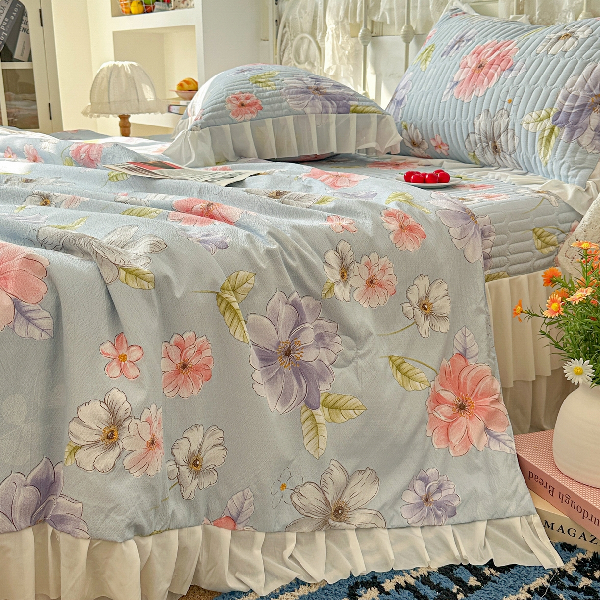 91家纺网 家纺一手货源 找家纺 提花大世界 2026新款冰肤纱法式花边凉感夏被夏凉被空调被被套凉席三件套床盖夹棉四件套 海盐花簇