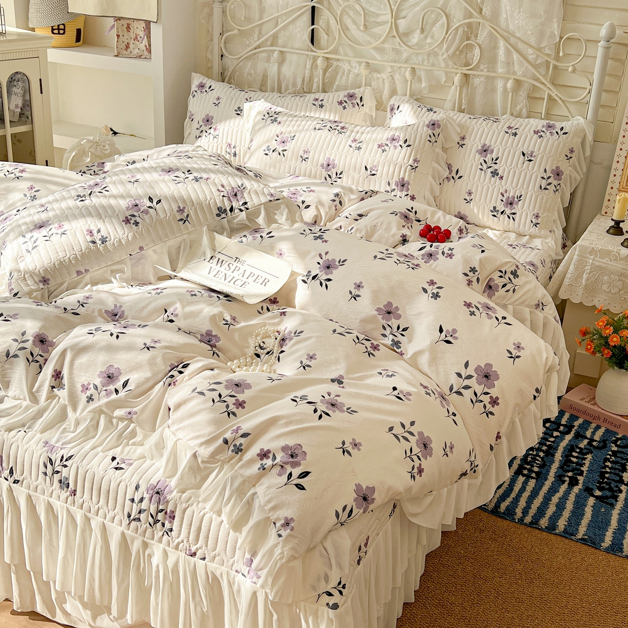 91家纺网 家纺一手货源 找家纺 提花大世界 2026新款冰肤纱法式花边凉感夏被夏凉被空调被被套凉席三件套床盖夹棉四件套 云间紫莓