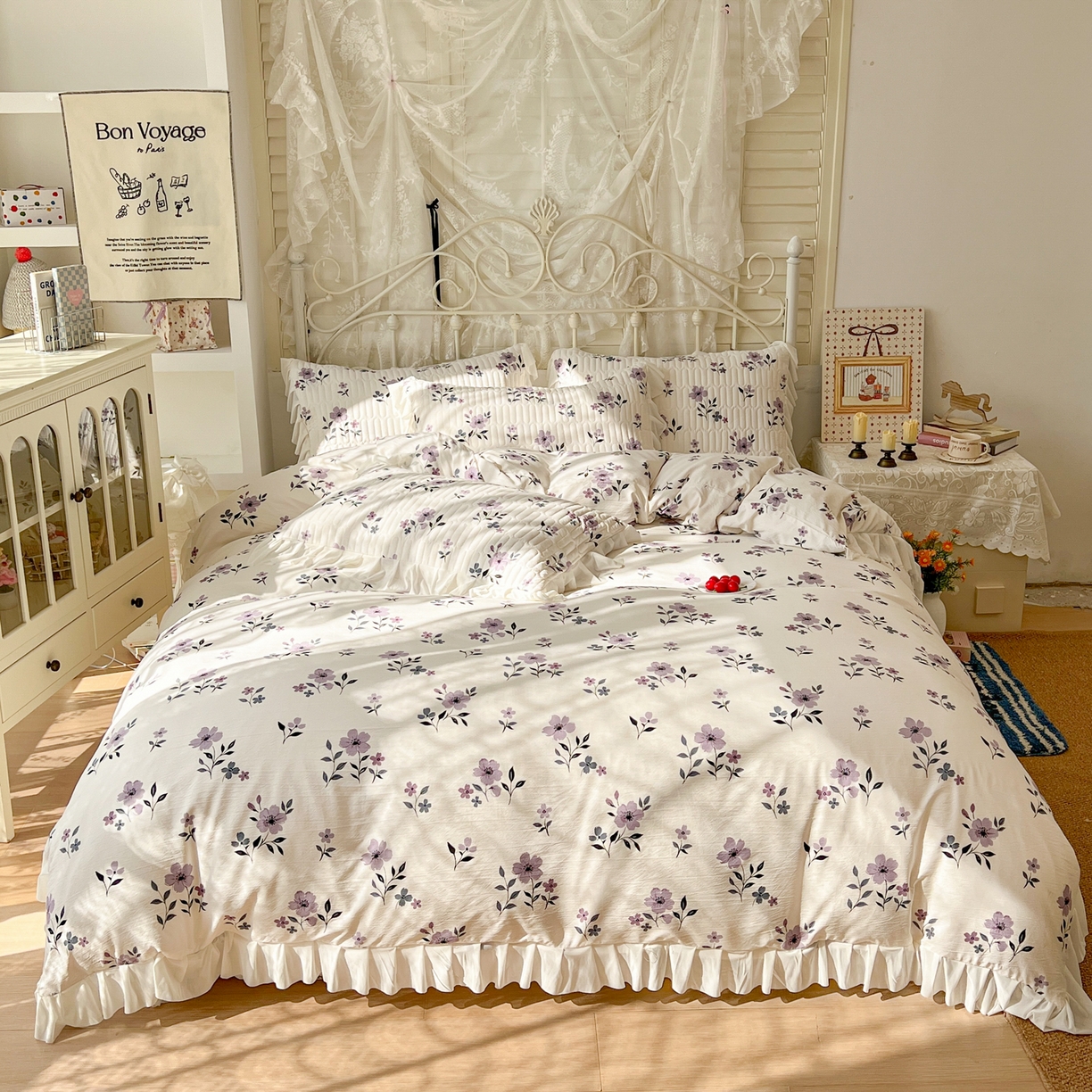 91家纺网 家纺一手货源 找家纺 提花大世界 2026新款冰肤纱法式花边凉感夏被夏凉被空调被被套凉席三件套床盖夹棉四件套 云间紫莓