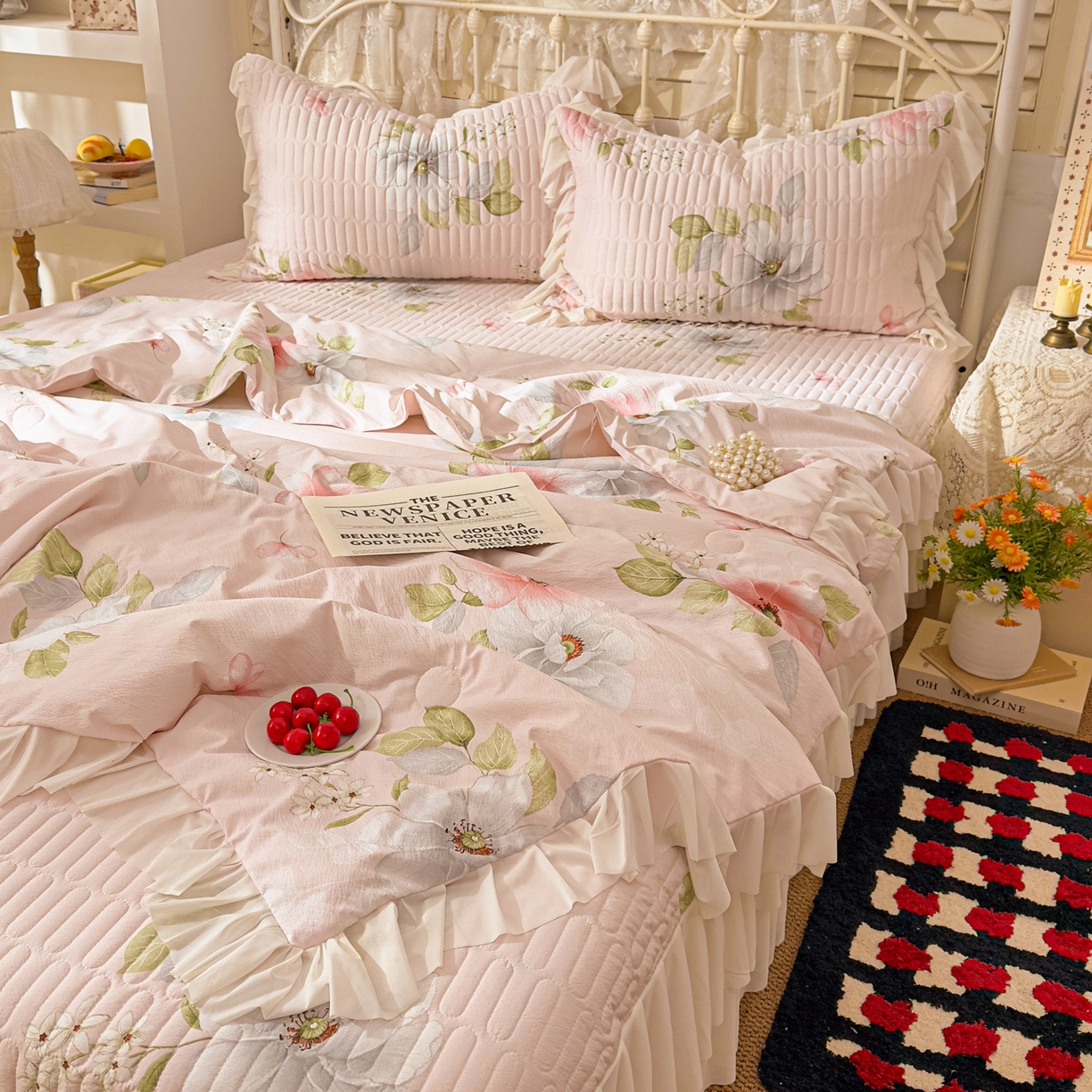 91家纺网 家纺一手货源 找家纺 提花大世界 2026新款冰肤纱法式花边凉感夏被夏凉被空调被被套凉席三件套床盖夹棉四件套 春日桃李