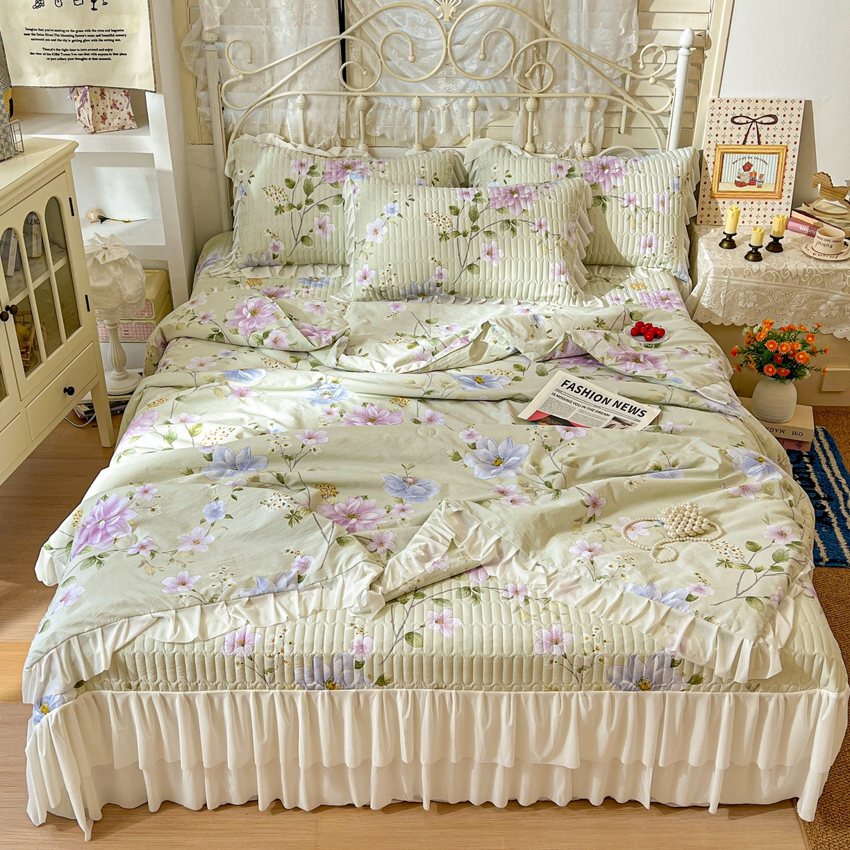 91家纺网 家纺一手货源 找家纺 提花大世界 2026新款冰肤纱法式花边凉感夏被夏凉被空调被被套凉席三件套床盖夹棉四件套 紫雾青藤