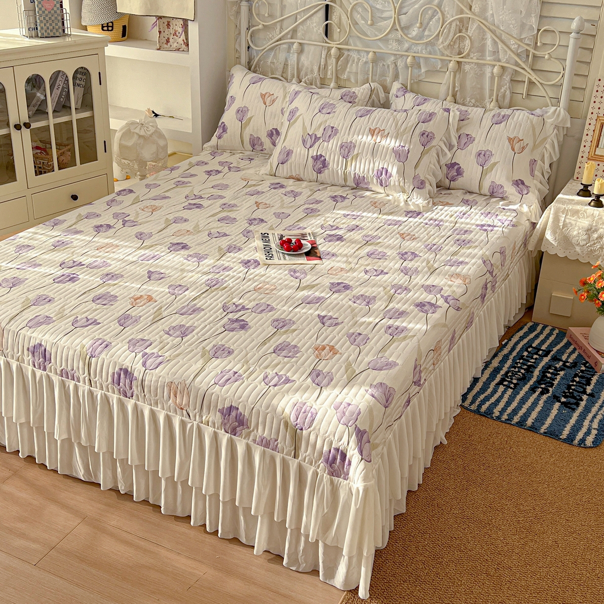 91家纺网 家纺一手货源 找家纺 提花大世界 2026新款冰肤纱法式花边凉感夏被夏凉被空调被被套凉席三件套床盖夹棉四件套 紫雾郁金香