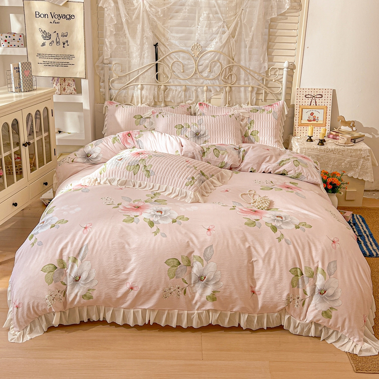 91家纺网 家纺一手货源 找家纺 提花大世界 2026新款冰肤纱法式花边凉感夏被夏凉被空调被被套凉席三件套床盖夹棉四件套 春日桃李