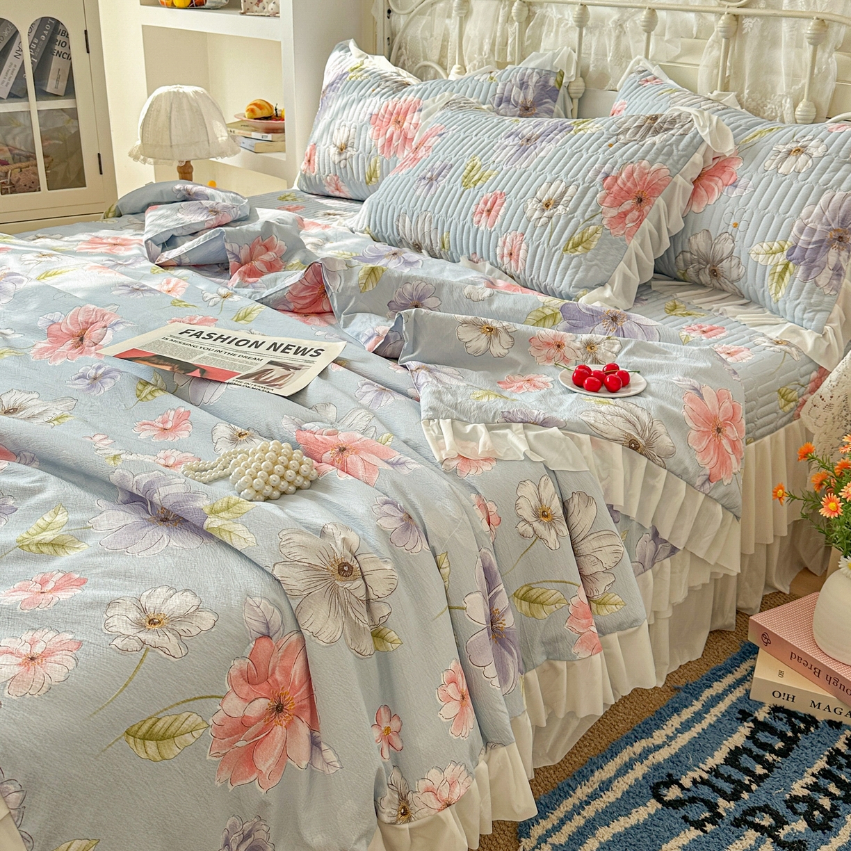 91家纺网 家纺一手货源 找家纺 提花大世界 2026新款冰肤纱法式花边凉感夏被夏凉被空调被被套凉席三件套床盖夹棉四件套 海盐花簇