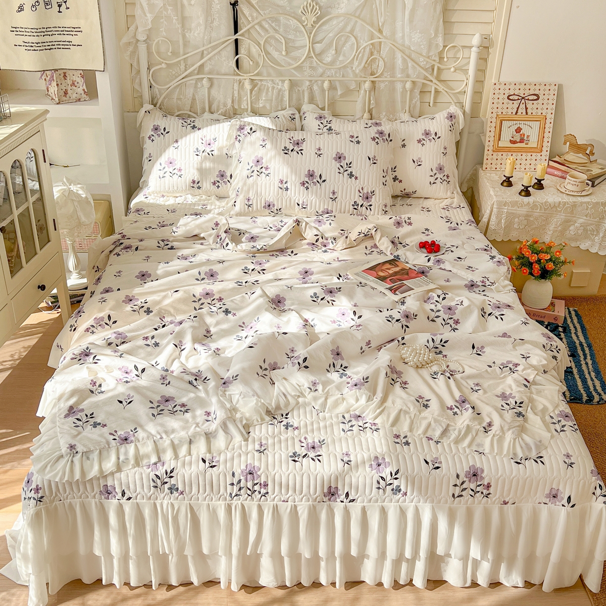 91家纺网 家纺一手货源 找家纺 提花大世界 2026新款冰肤纱法式花边凉感夏被夏凉被空调被被套凉席三件套床盖夹棉四件套 云间紫莓