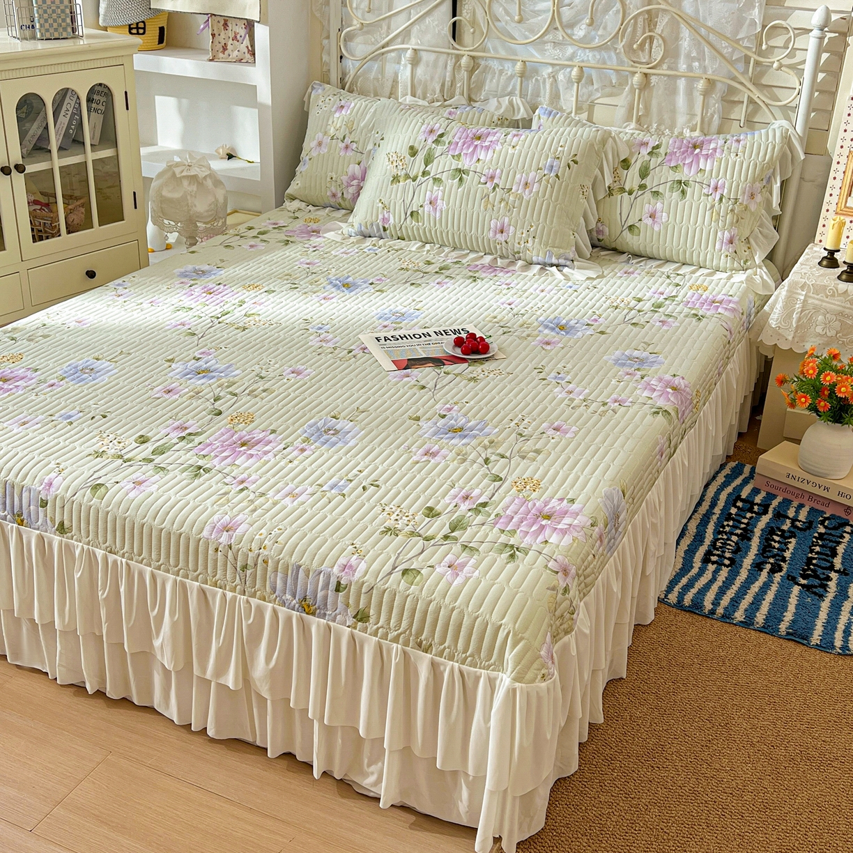 91家纺网 家纺一手货源 找家纺 提花大世界 2026新款冰肤纱法式花边凉感夏被夏凉被空调被被套凉席三件套床盖夹棉四件套 紫雾青藤