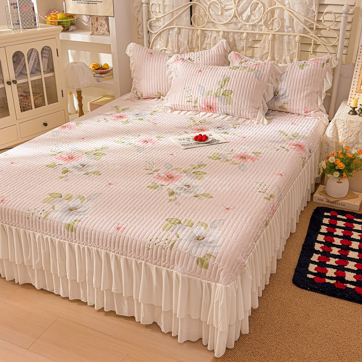 91家纺网 家纺一手货源 找家纺 提花大世界 2026新款冰肤纱法式花边凉感夏被夏凉被空调被被套凉席三件套床盖夹棉四件套 春日桃李