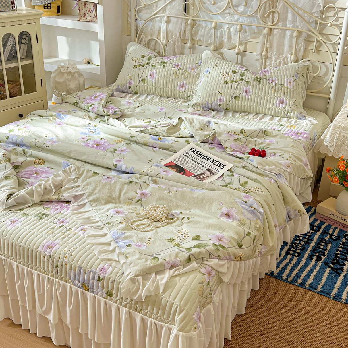 91家纺网 家纺一手货源 找家纺 提花大世界 2026新款冰肤纱法式花边凉感夏被夏凉被空调被被套凉席三件套床盖夹棉四件套 紫雾青藤