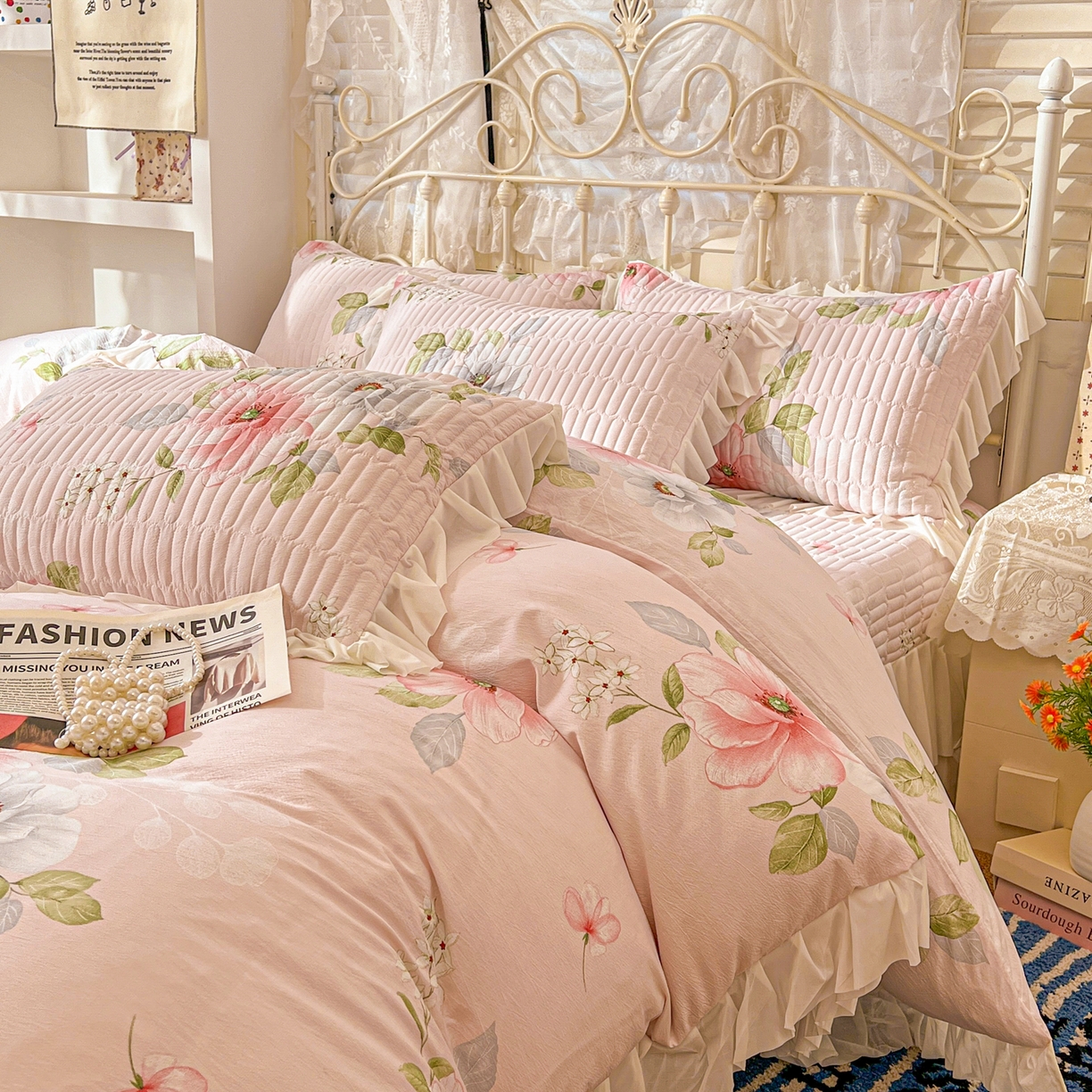 91家纺网 家纺一手货源 找家纺 提花大世界 2026新款冰肤纱法式花边凉感夏被夏凉被空调被被套凉席三件套床盖夹棉四件套 春日桃李