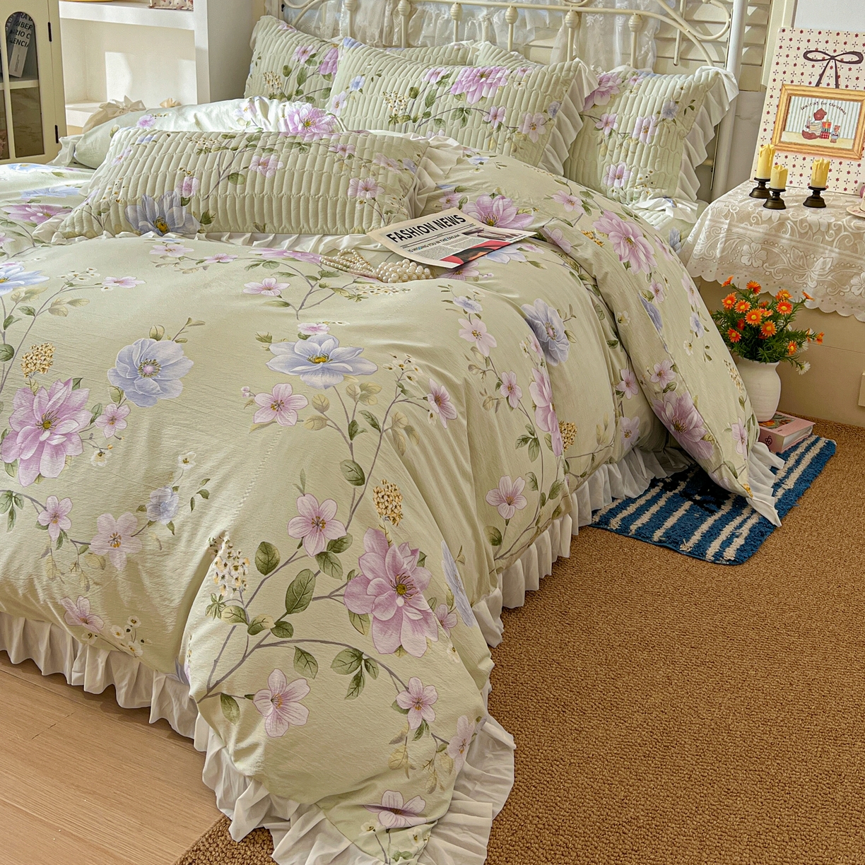 91家纺网 家纺一手货源 找家纺 提花大世界 2026新款冰肤纱法式花边凉感夏被夏凉被空调被被套凉席三件套床盖夹棉四件套 紫雾青藤