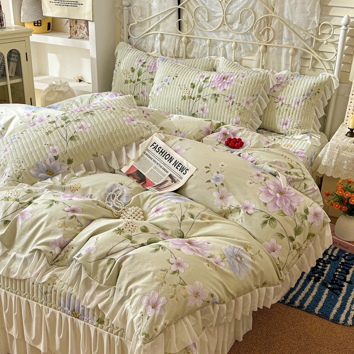 91家纺网 家纺一手货源 找家纺 提花大世界 2026新款冰肤纱法式花边凉感夏被夏凉被空调被被套凉席三件套床盖夹棉四件套 紫雾青藤