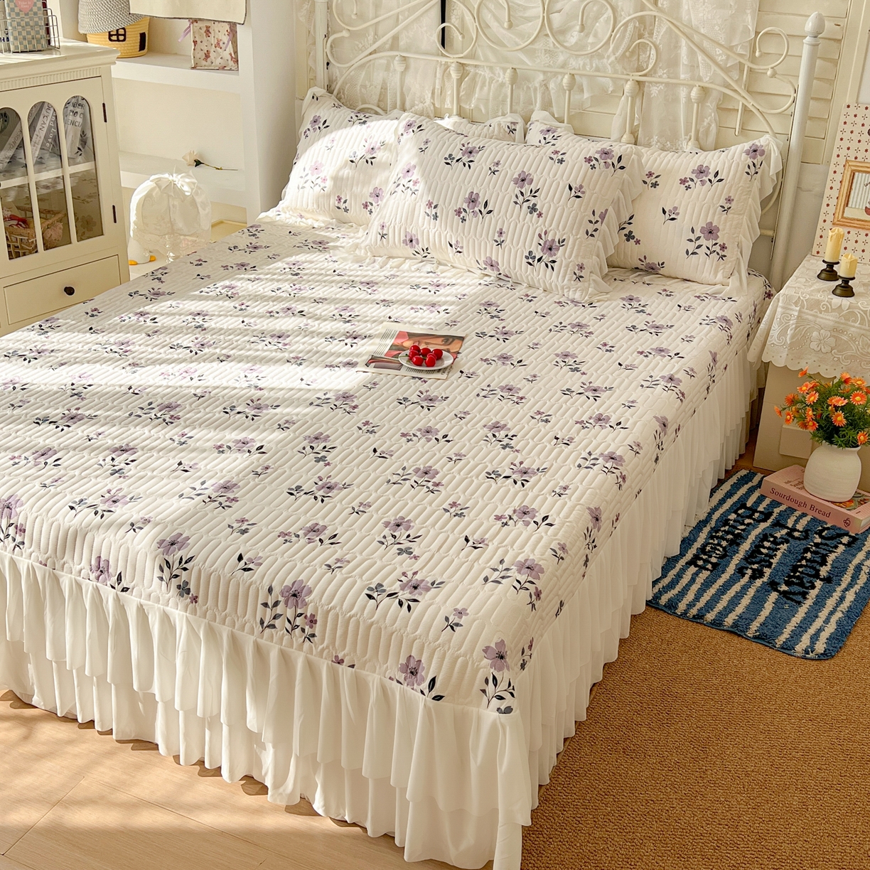 91家纺网 家纺一手货源 找家纺 提花大世界 2026新款冰肤纱法式花边凉感夏被夏凉被空调被被套凉席三件套床盖夹棉四件套 云间紫莓