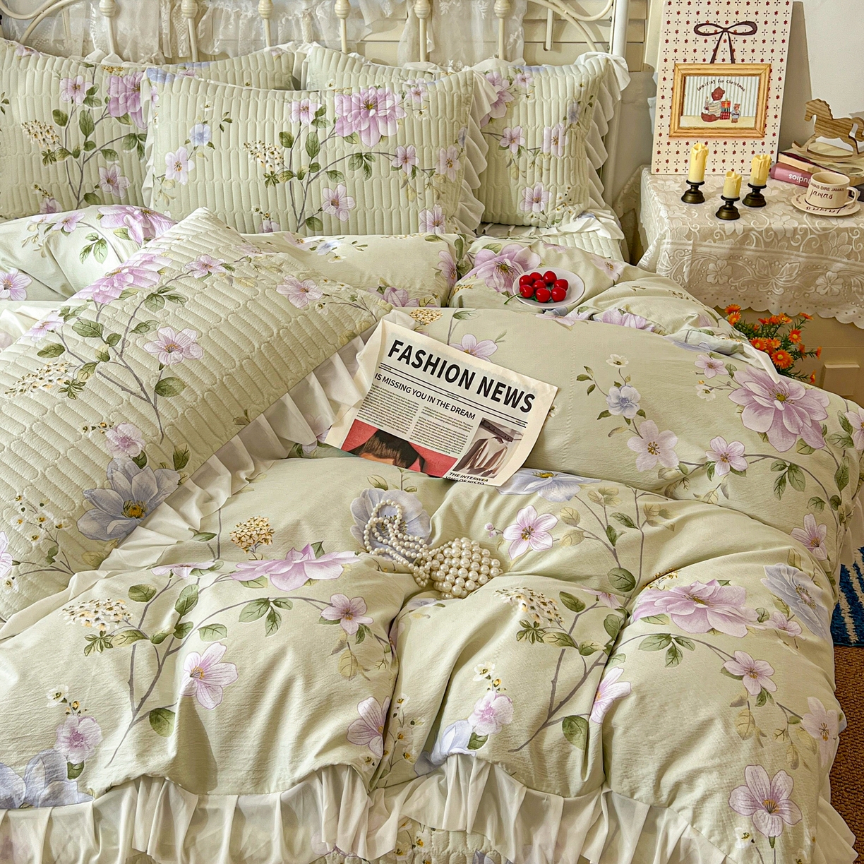 91家纺网 家纺一手货源 找家纺 提花大世界 2026新款冰肤纱法式花边凉感夏被夏凉被空调被被套凉席三件套床盖夹棉四件套 紫雾青藤