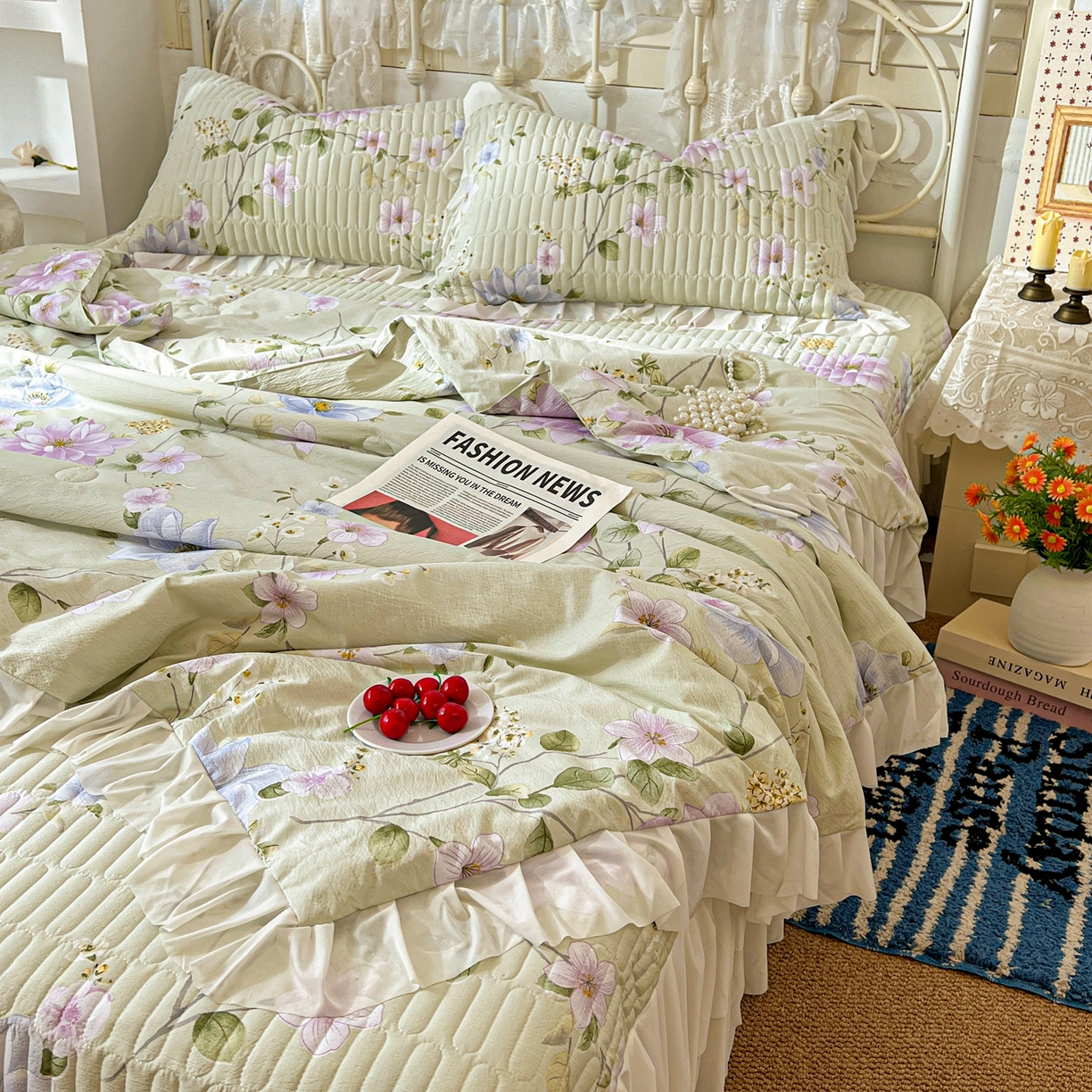 91家纺网 家纺一手货源 找家纺 提花大世界 2026新款冰肤纱法式花边凉感夏被夏凉被空调被被套凉席三件套床盖夹棉四件套 紫雾青藤