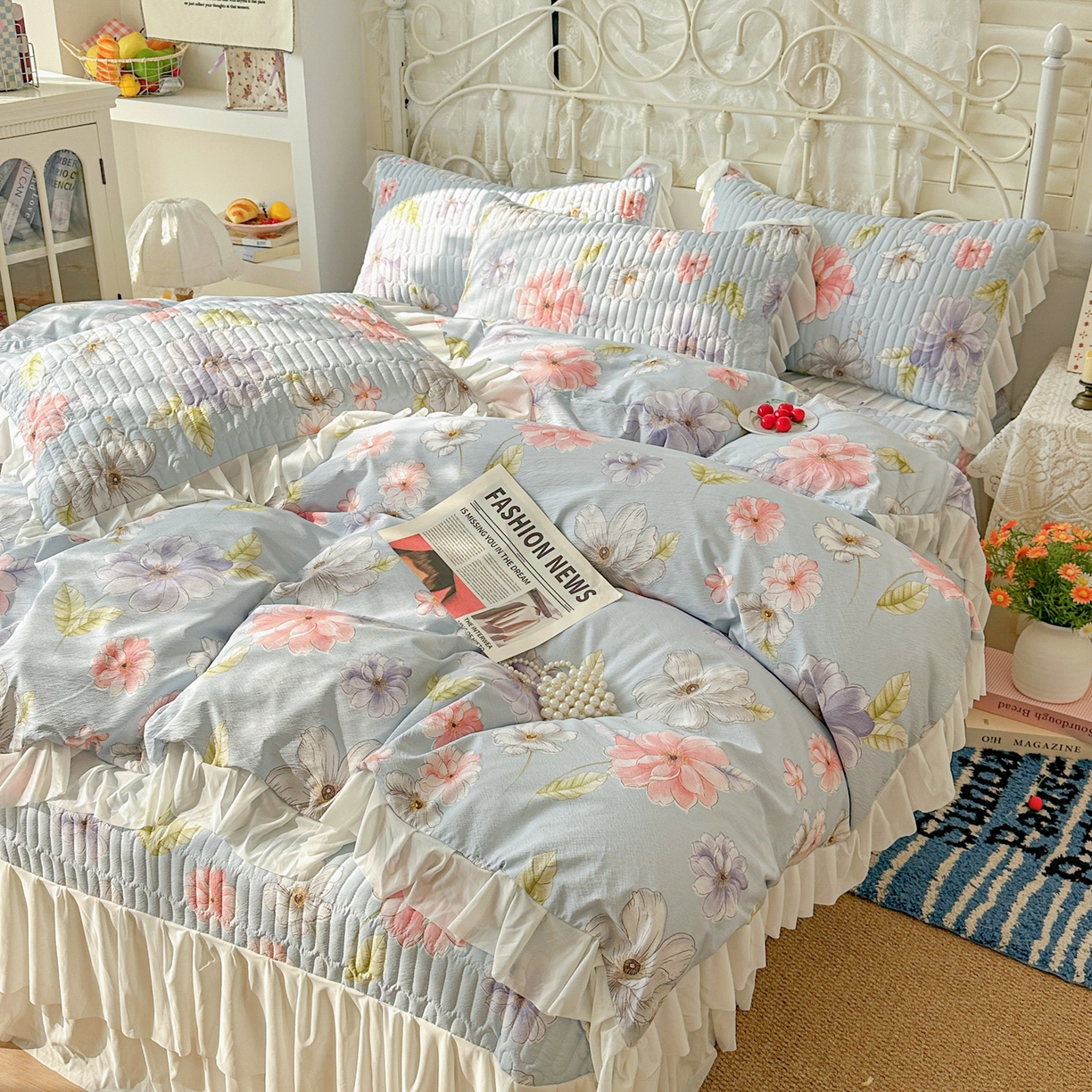 91家纺网 家纺一手货源 找家纺 提花大世界 2026新款冰肤纱法式花边凉感夏被夏凉被空调被被套凉席三件套床盖夹棉四件套 海盐花簇