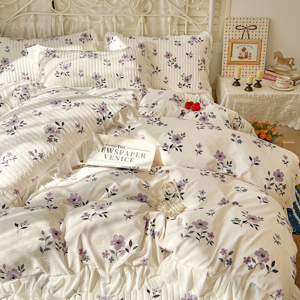 91家纺网 家纺一手货源 找家纺 提花大世界 2026新款冰肤纱法式花边凉感夏被夏凉被空调被被套凉席三件套床盖夹棉四件套 云间紫莓